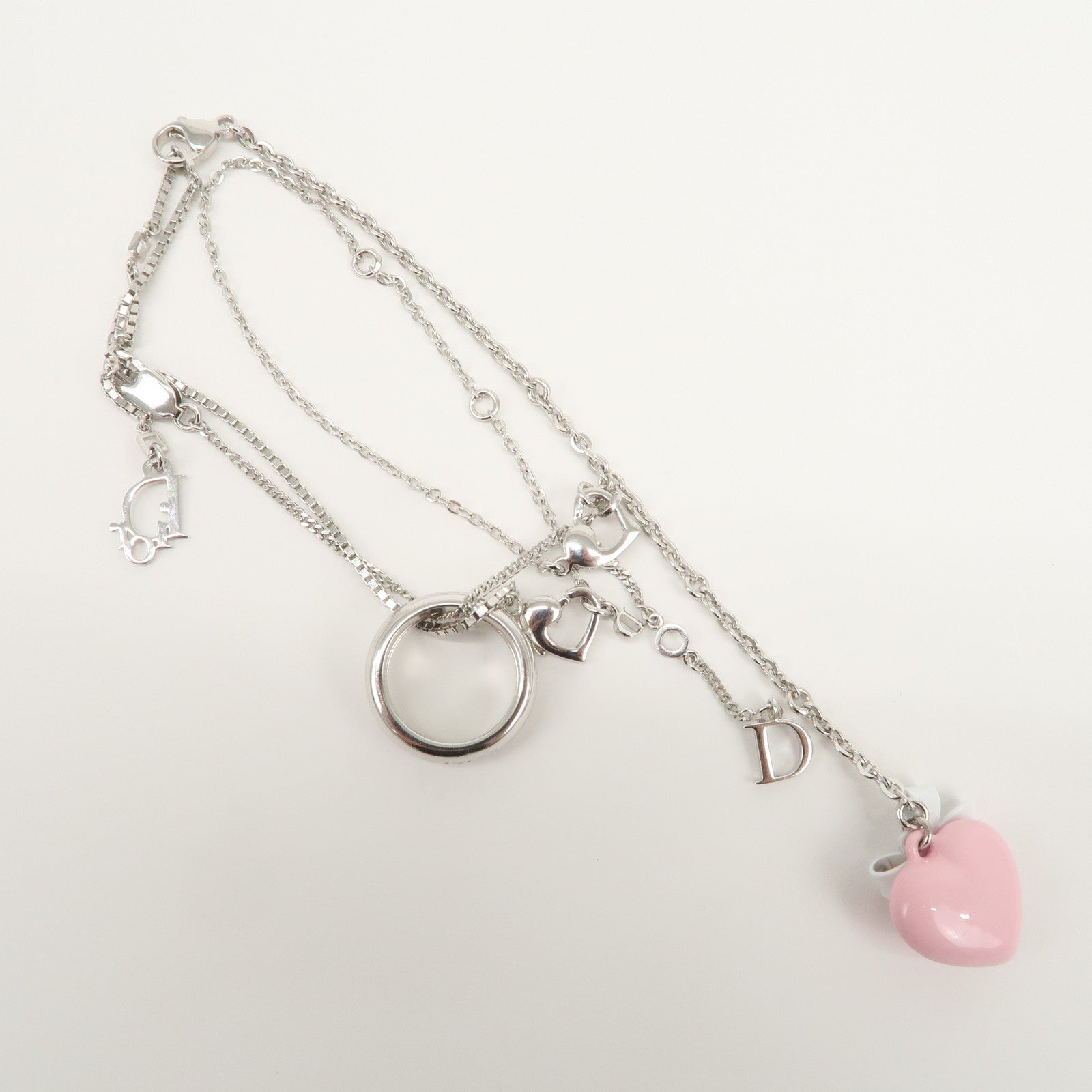 Christian Dior Metal Ring Ribbon Heart Motif Bracelet Silver Pink