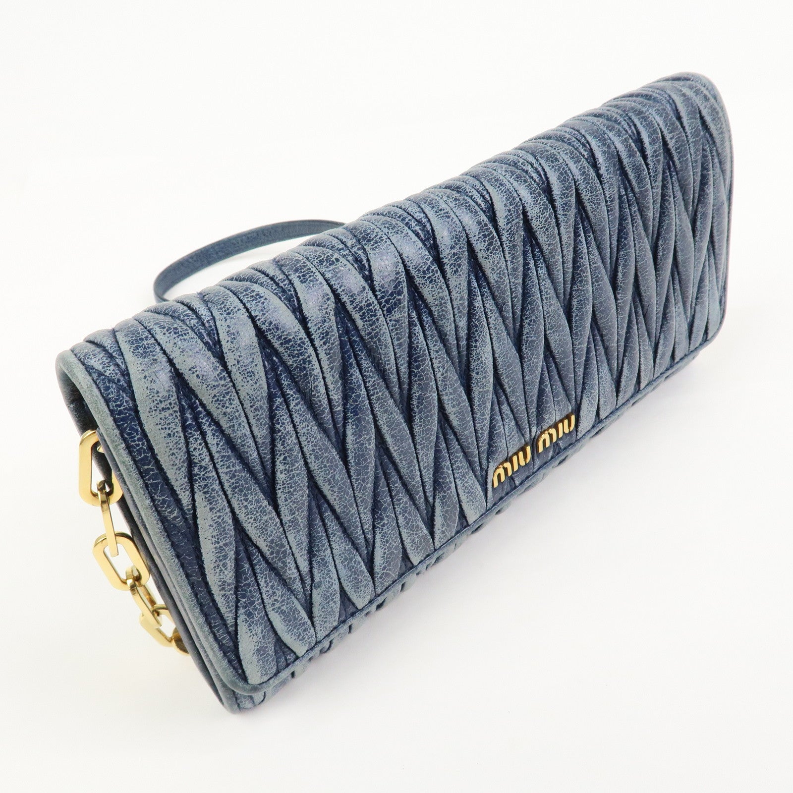 MIU MIU Matelasse Logo Leather Chain Shoulder Wallet Blue 5M1290