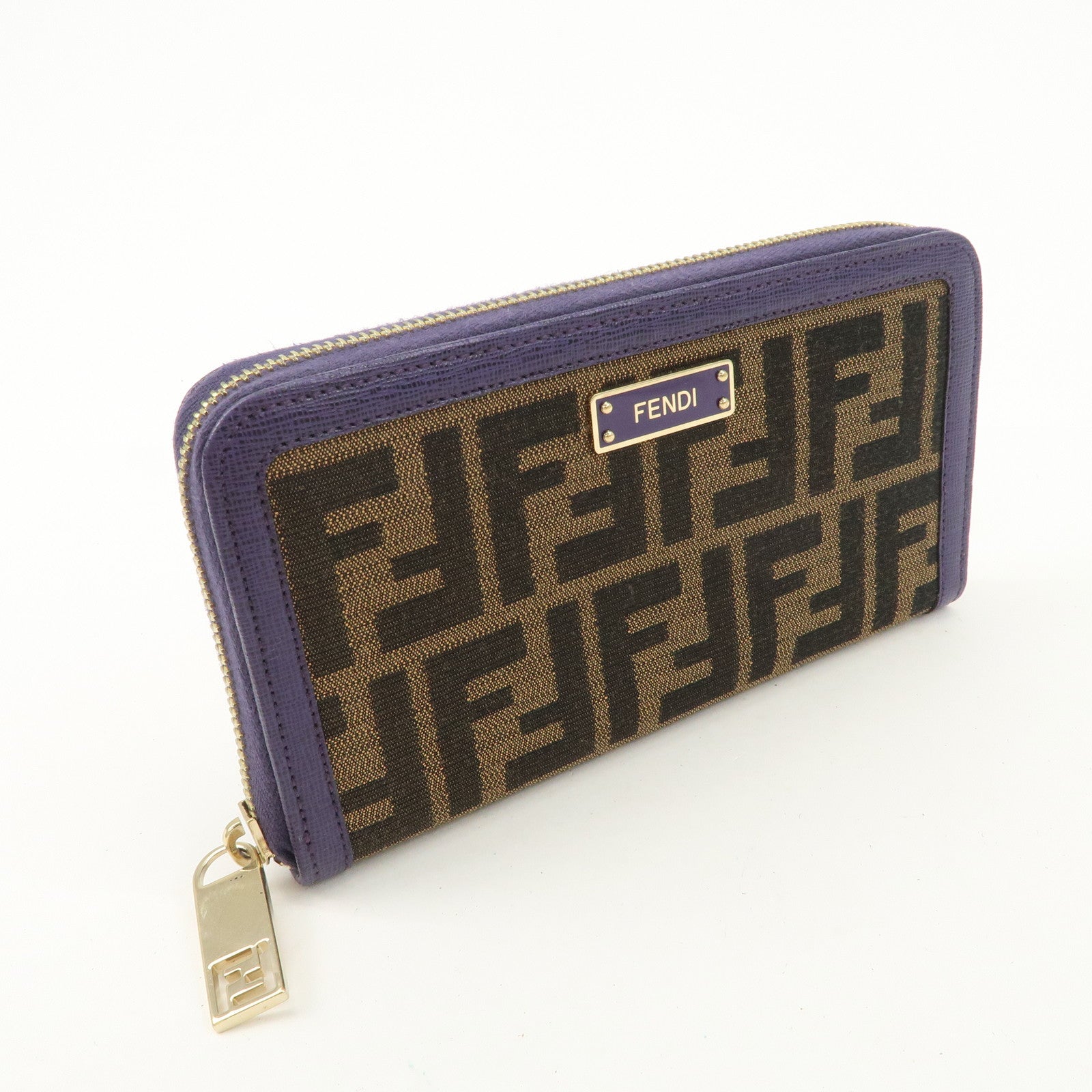 FENDI Zucchino Canvas Leather Round Zippy Long Wallet Brown Purple 8M0024 Used