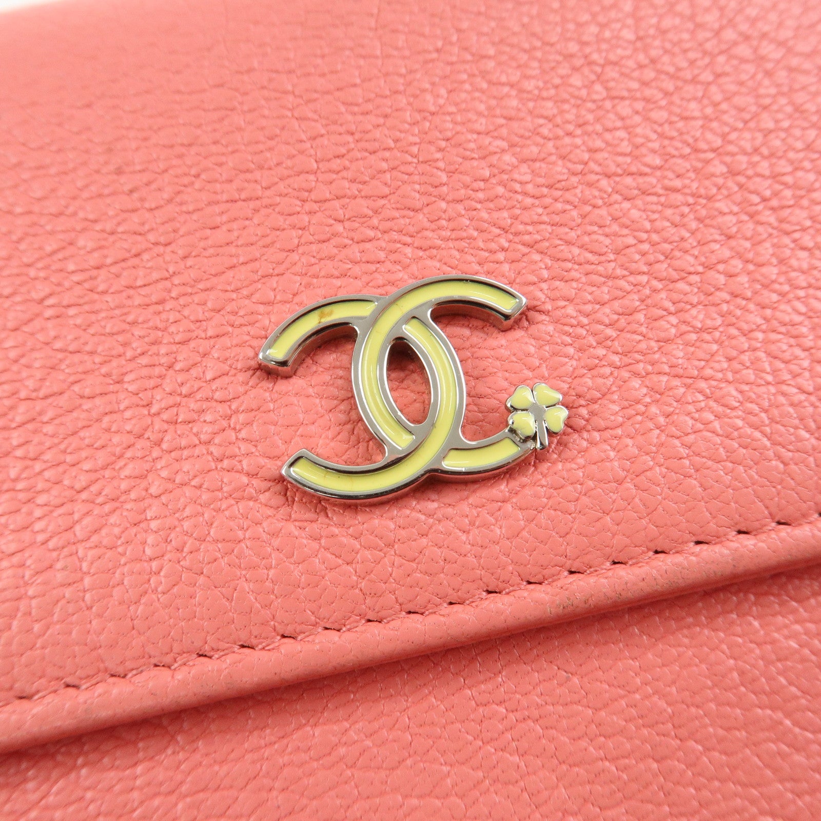 CHANEL COCO Mark Calf Leather Compact Wallet Clover Motif Pink