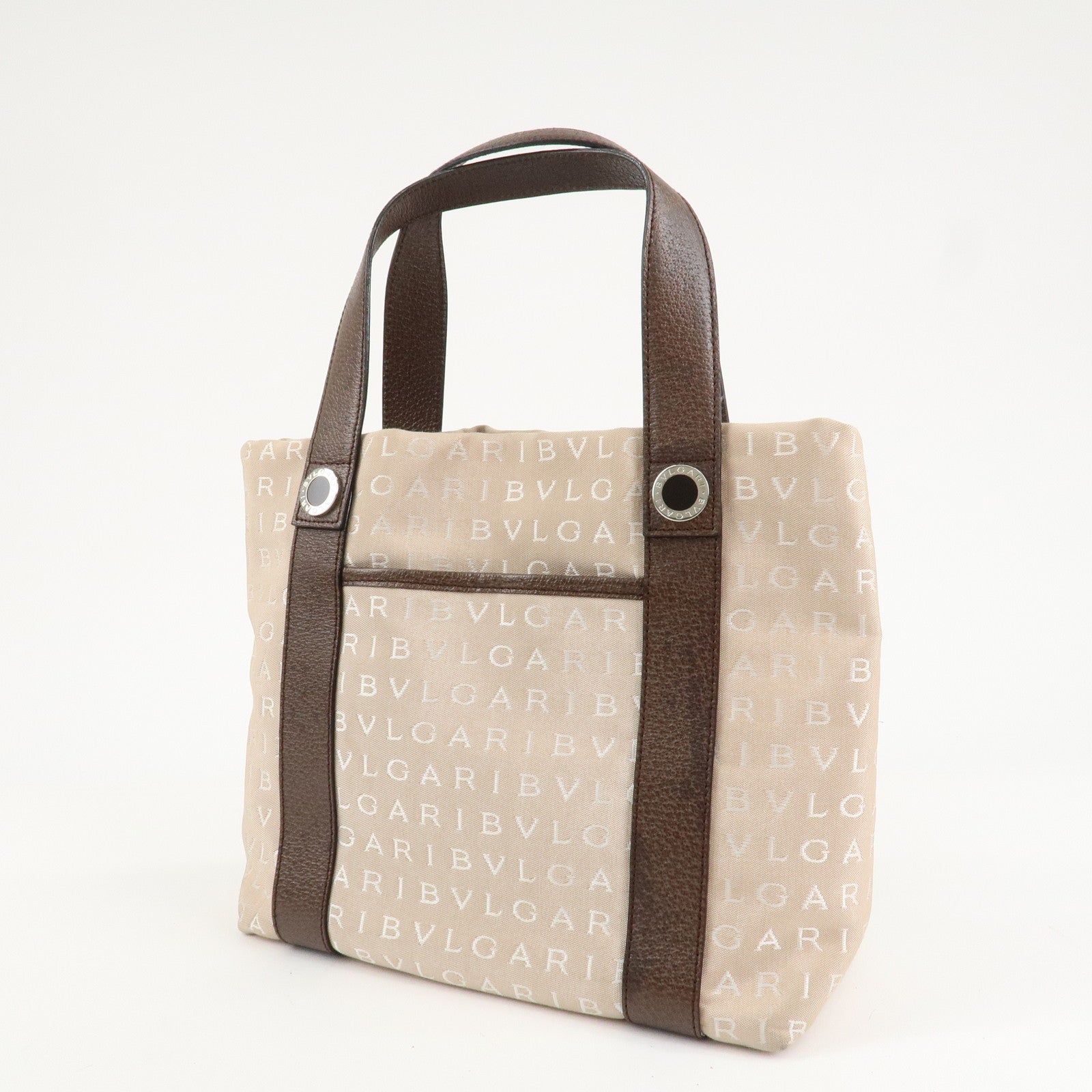 BVLGARI Logo Mania Canvas Leather Tote Bag Beige Dark Brown Silver HDW Used