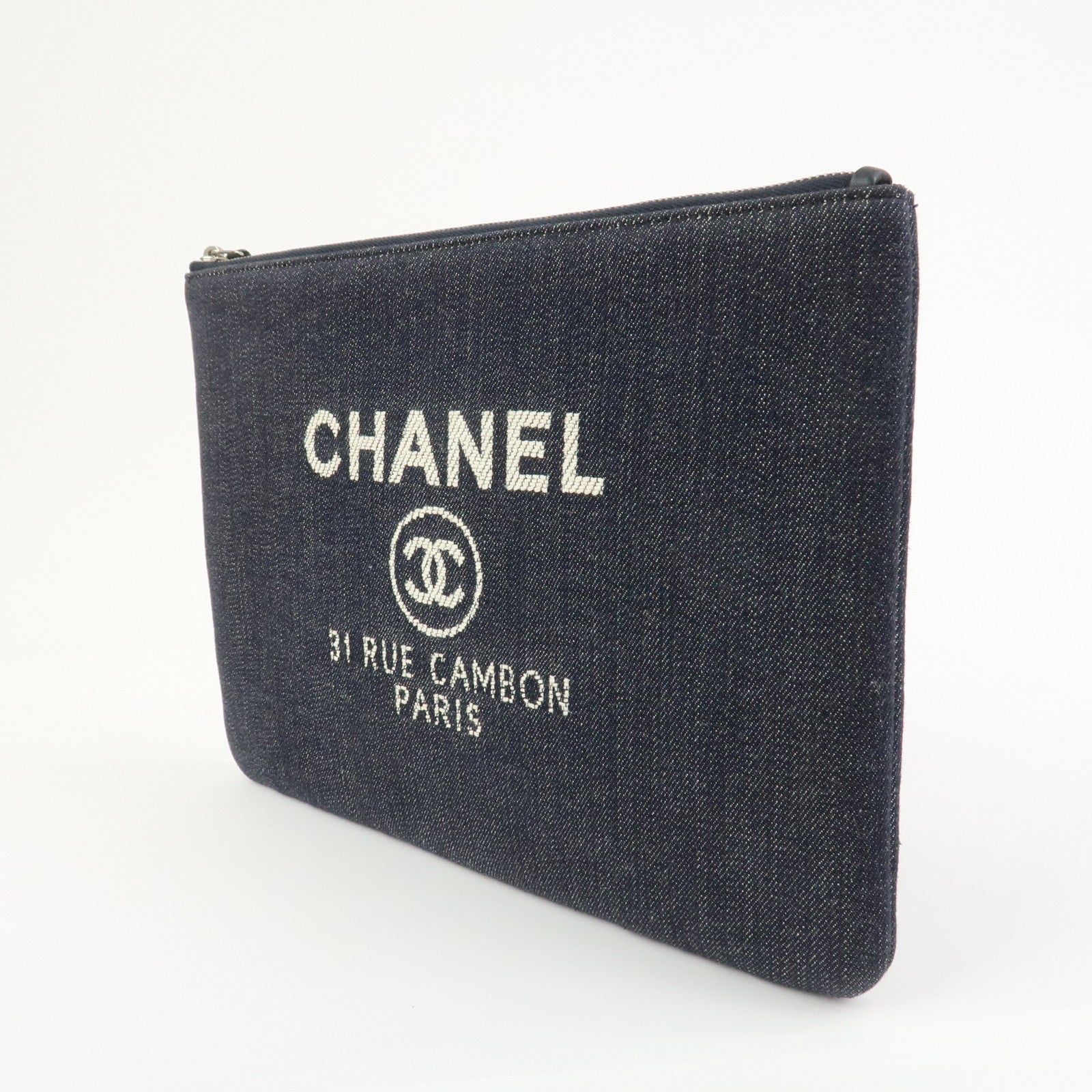 CHANEL Deauville Canvas Denim Clutch Bag Pouch Denim A80802