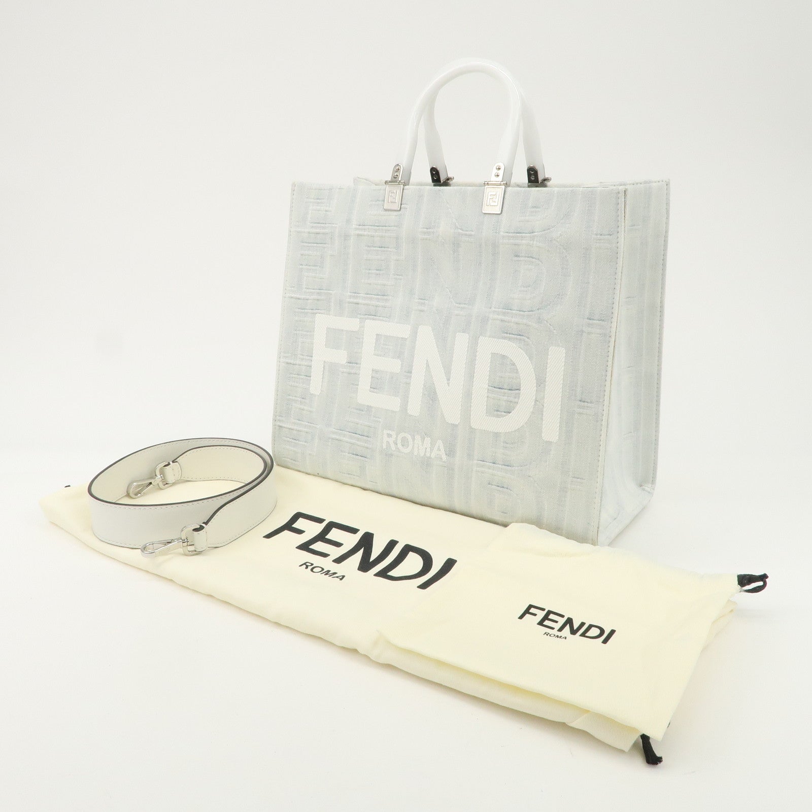FENDI Leather Sunshine Medium 2Way Tote Bag Hand Bag White 8BH386 Used