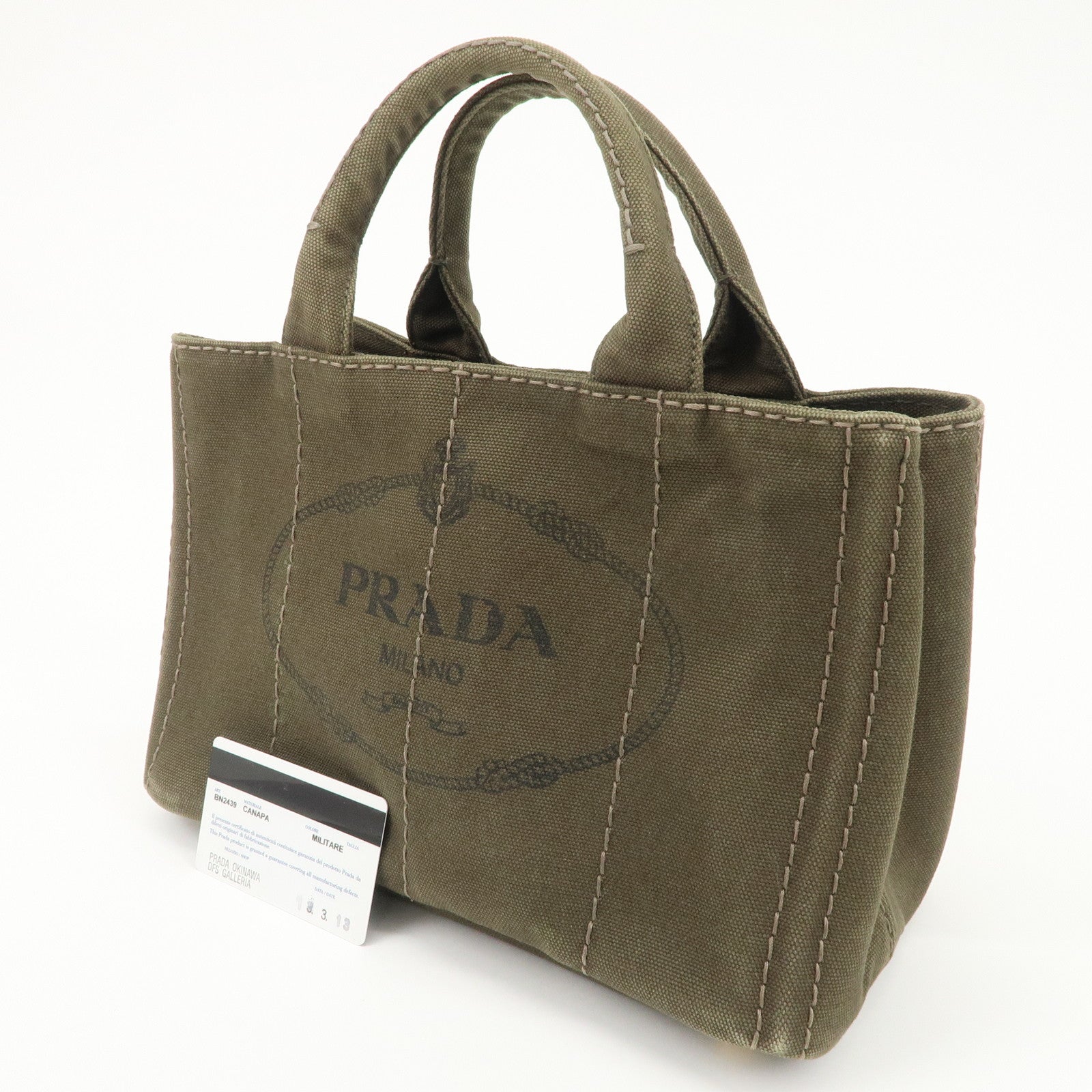 PRADA Canapa Mini Canvas Bag Hand Bag Tote Bag Khaki BN2439 Used