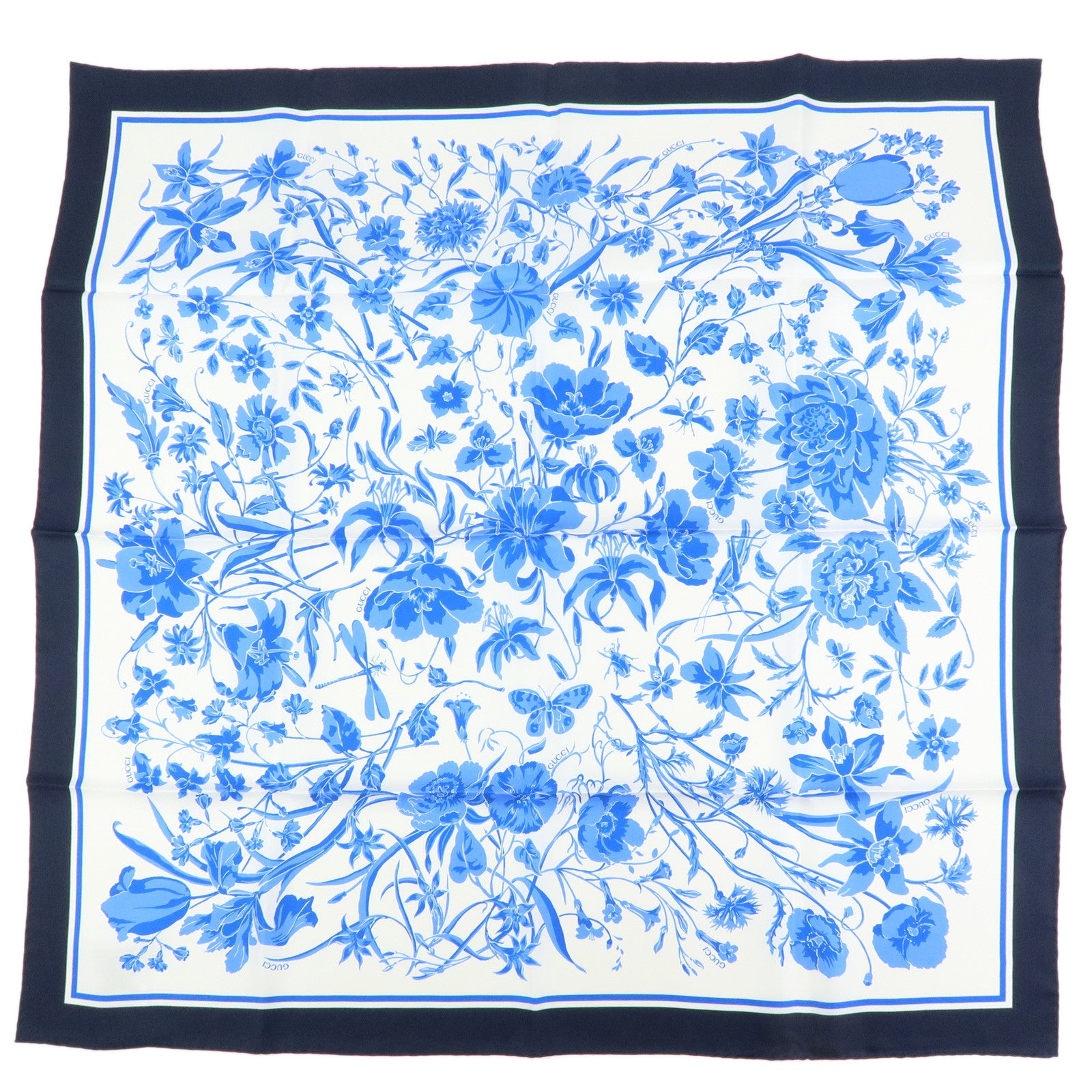 GUCCI Flora Silk 100% Scarf Flower Print Blue Navy White 786252