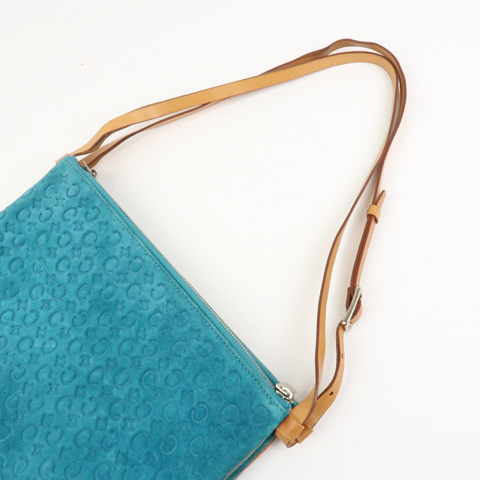CELINE C Macadam Suede Leather Shoulder Bag Turquoise Blue