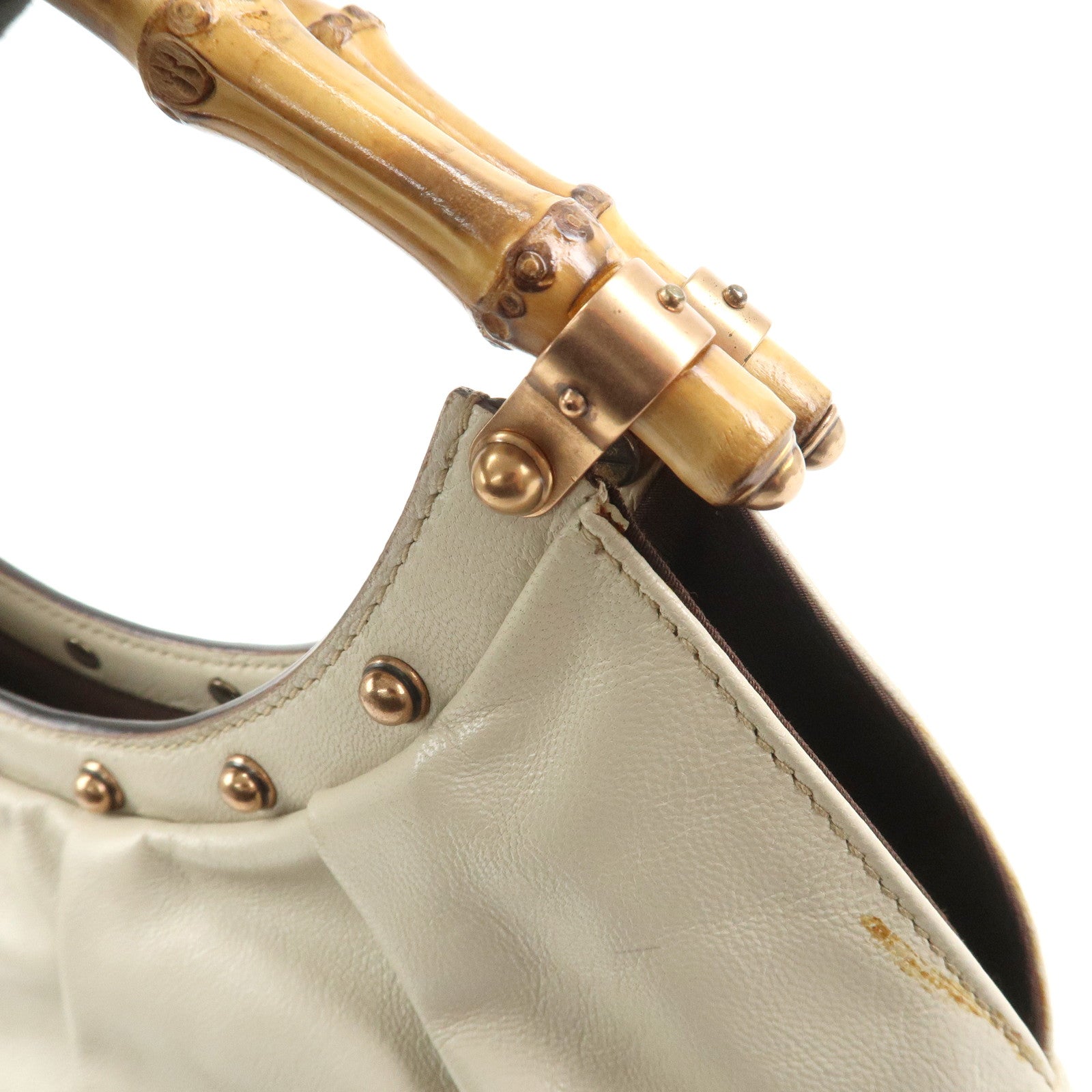 GUCCI Bamboo Leather Studs Shoulder Bag Hand Bag Ivory 124297