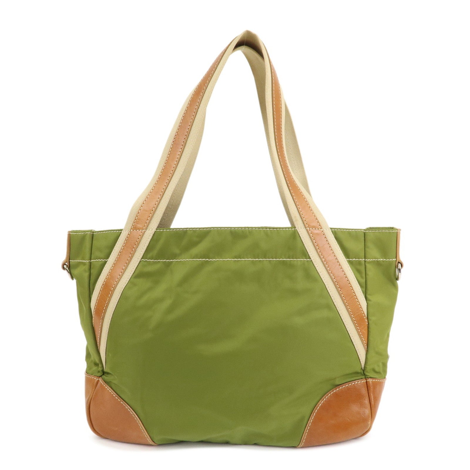 PRADA Triangle Logo Leather Nylon 2Way Tote Bag Brown Khaki