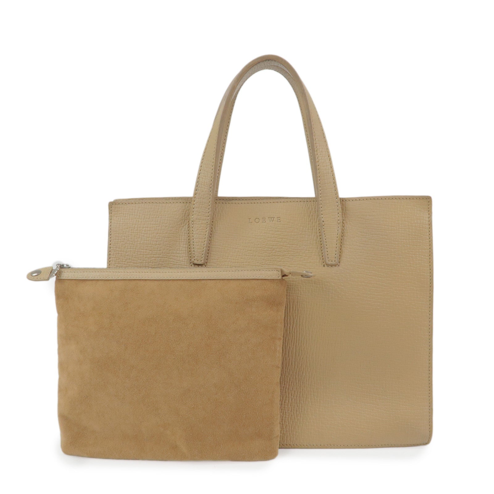 LOEWE Anagram Embossed Leather Tote Bag Hand Bag Beige
