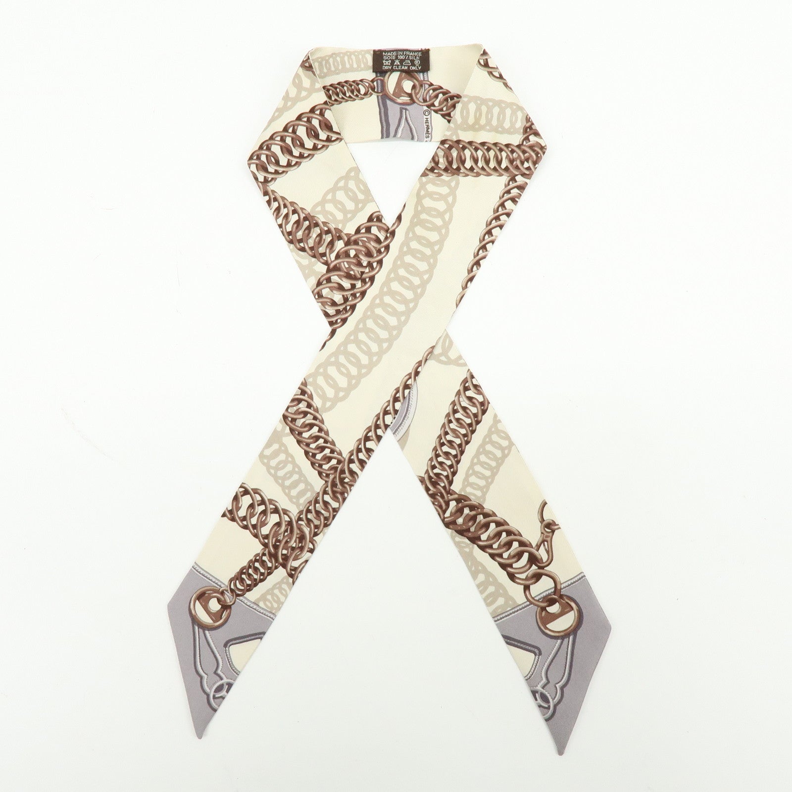 HERMES Twilly Silk 100% Scarf Chain Print Ivory Brown