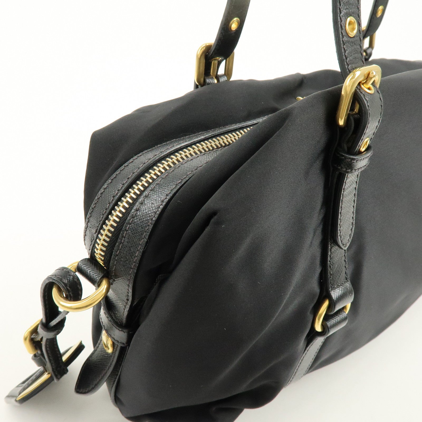 PRADA Logo Nylon Leather Boston Bag Shoulder Bag Black BL0600