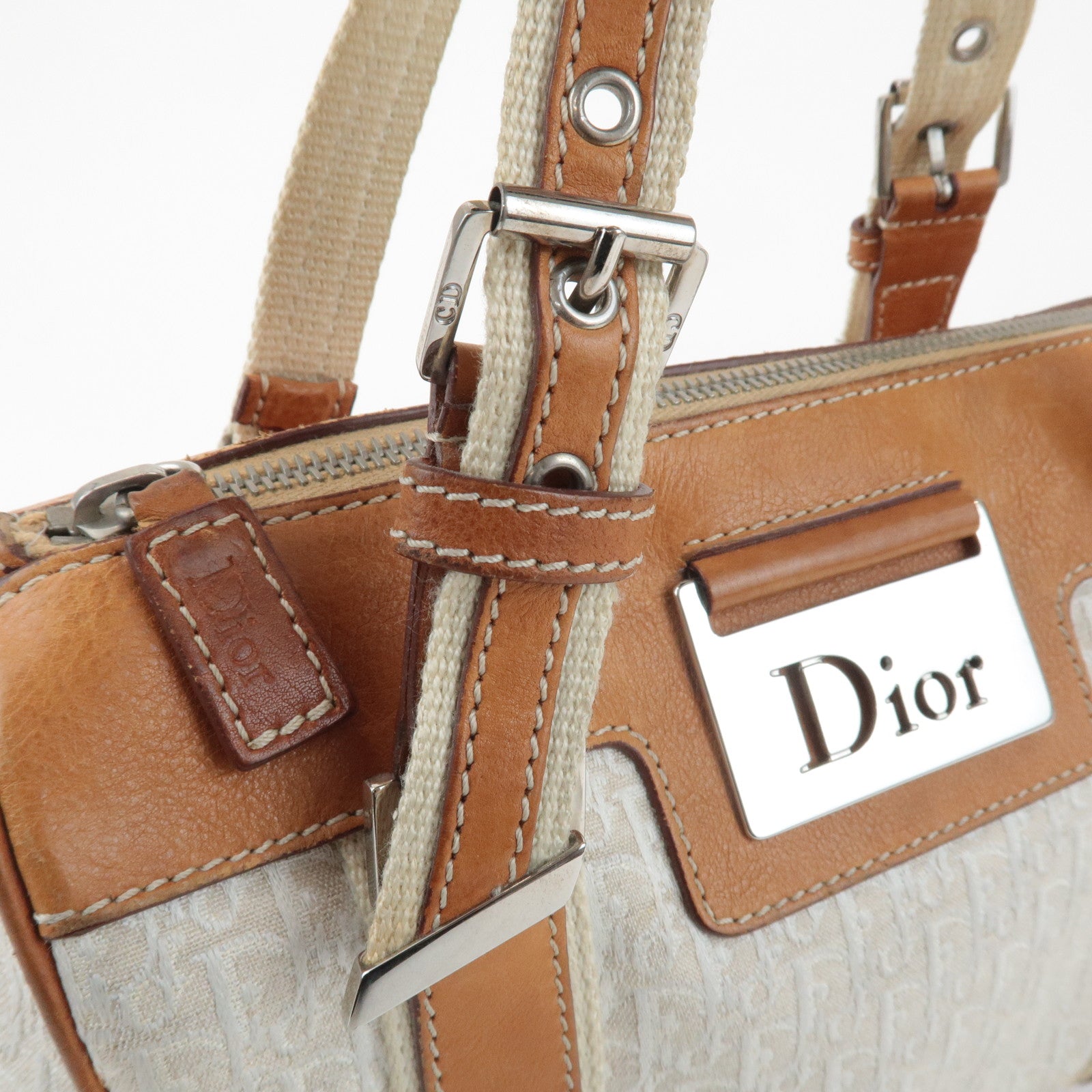 Christian Dior Trotter Canvas Leather Mini Boston Bag White Brown