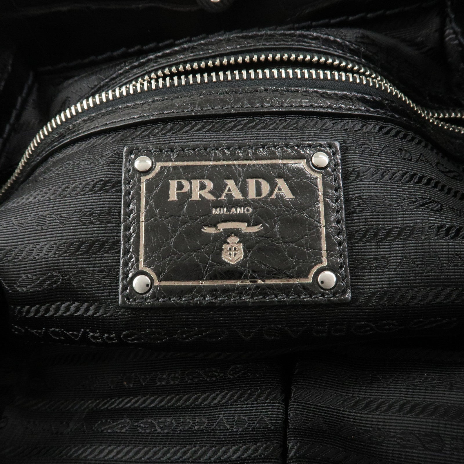 PRADA Triangle Logo Nylon Embossed Leather Hand Bag Black