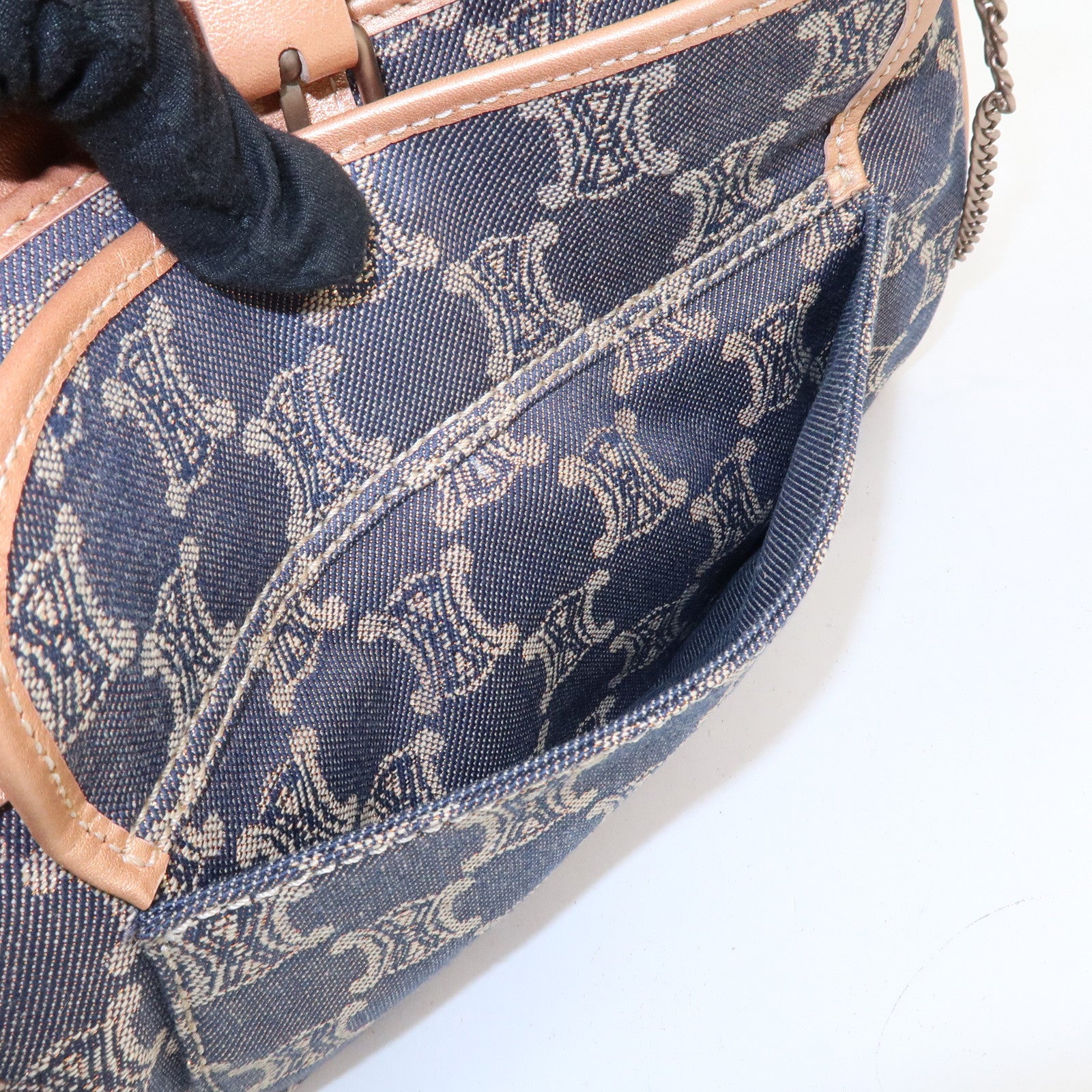 CELINE Macadam Denim Leather Glitter Hand Bag Metallic Pink Navy