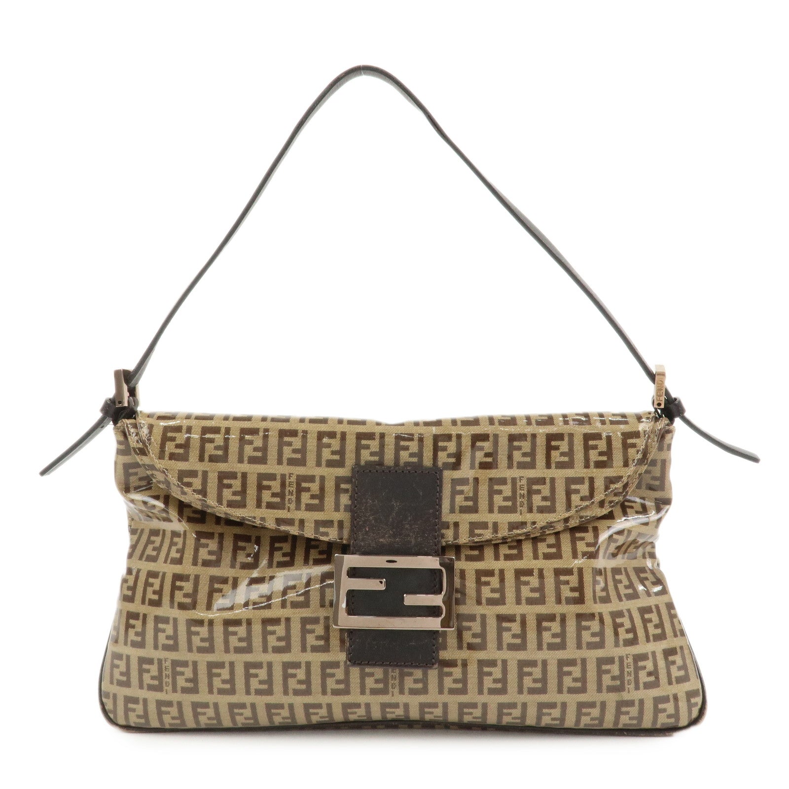 FENDI Zucchino PVC Canvas Leather Shoulder Bag Brown 8BR002