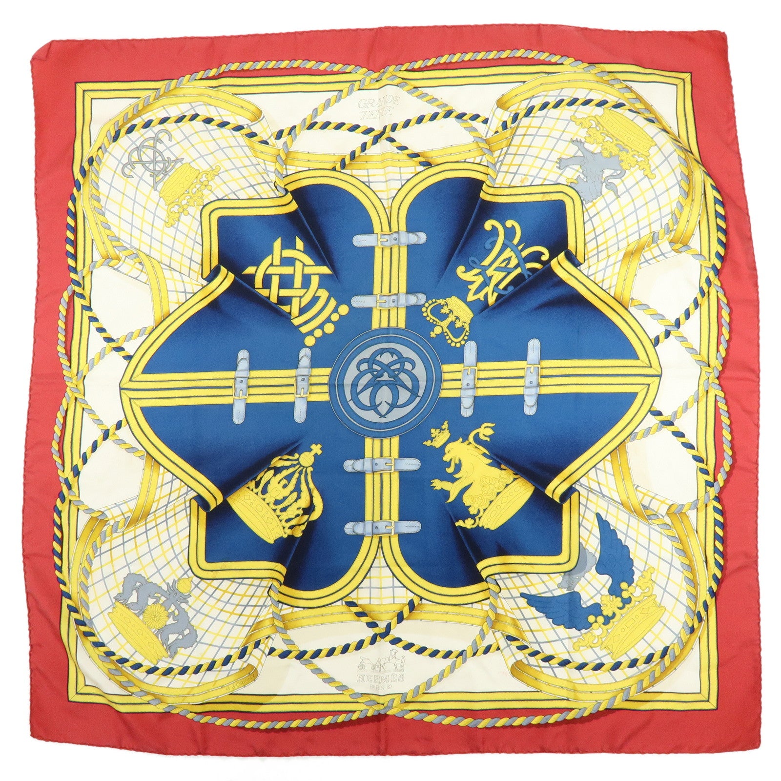 HERMES Carre 90 Silk 100% Scarf GRANDE TENUE Gold Navy Red