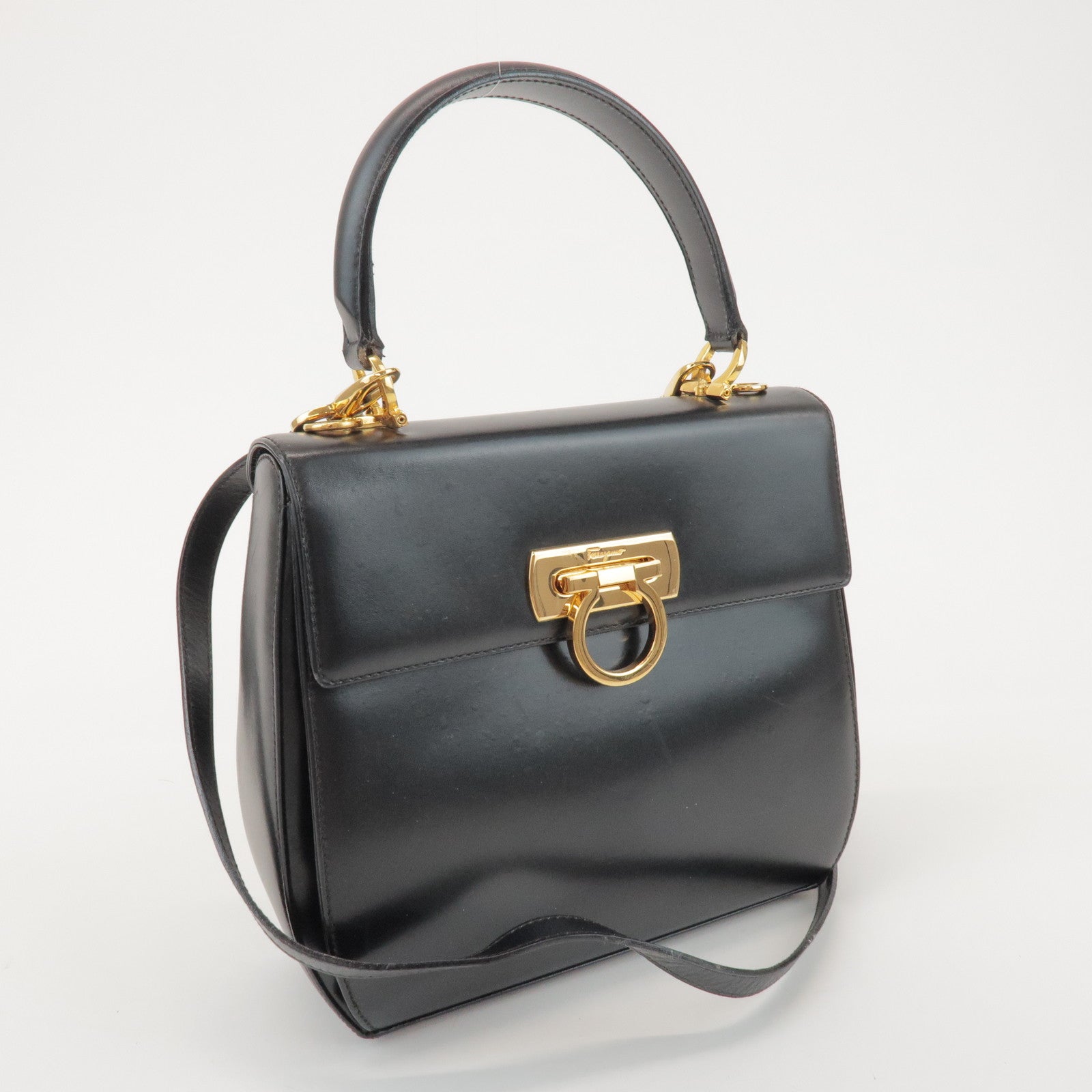 Ferragamo Gancini Calf Leather 2Way Bag Hand Shoulder Bag Black