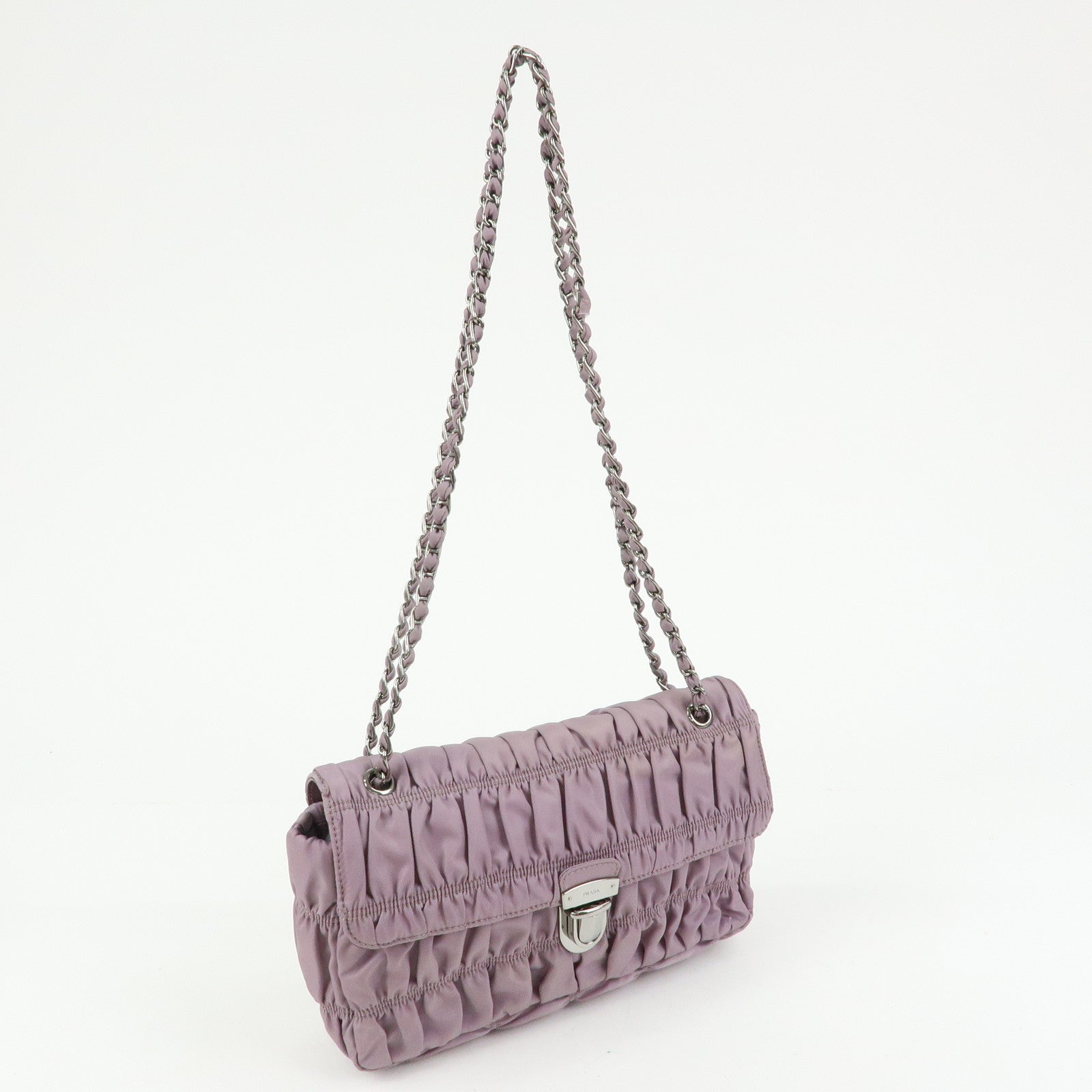 PRADA Tessuto Gaufre Nylon Leather Chain Shoulder Bag Light Purple