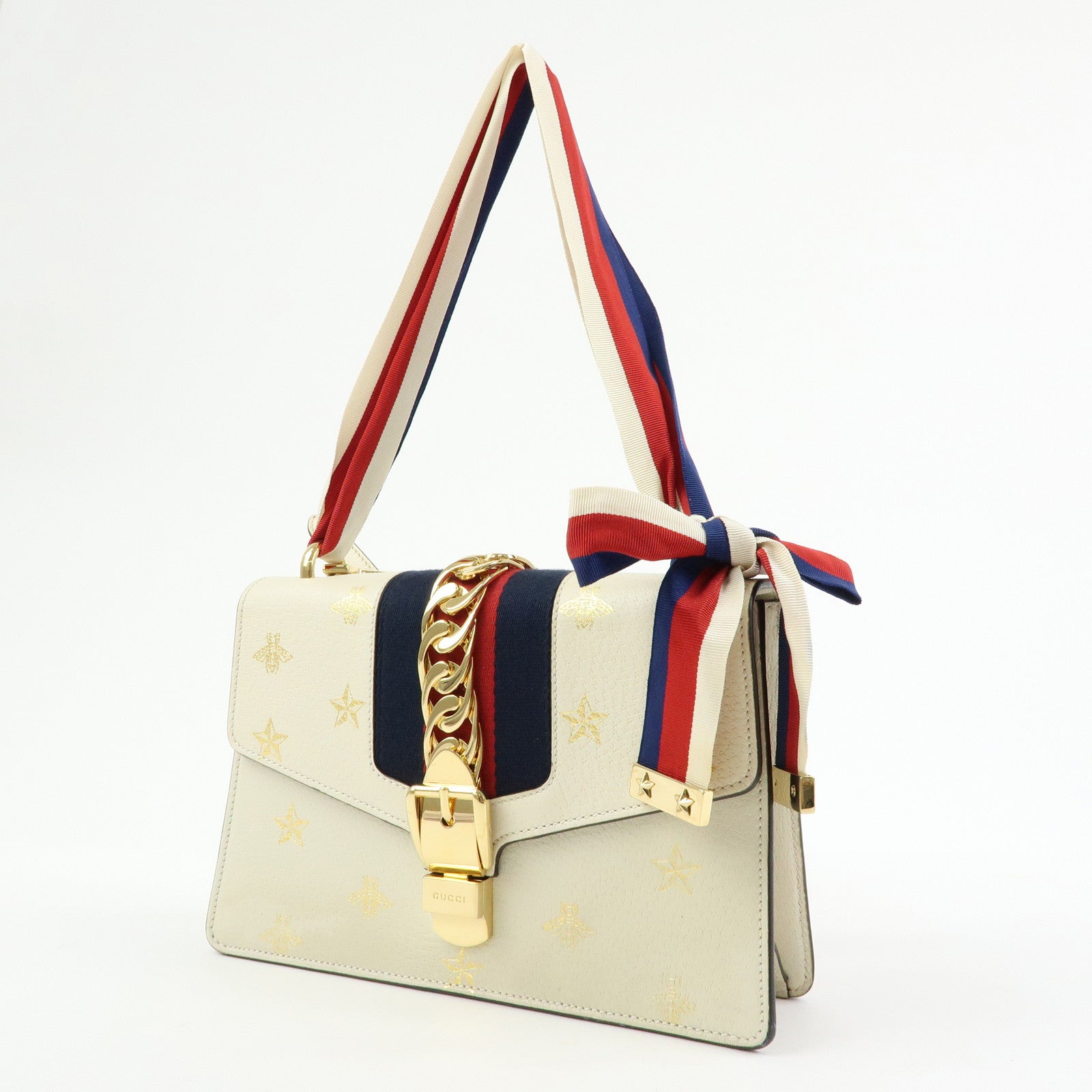 GUCCI Sylvie Sherry Leather Shoulder Bag Ivory Bee & Star 524405
