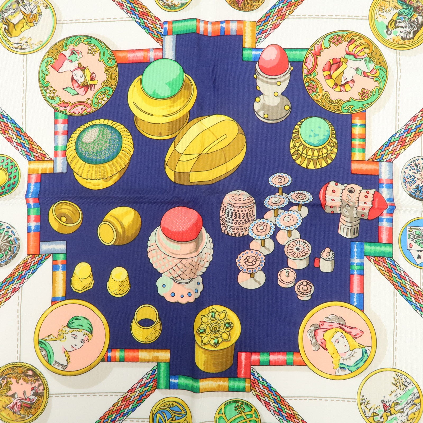 HERMES Carre 90 Silk 100% Scarf Petite main Navy White Multicolor