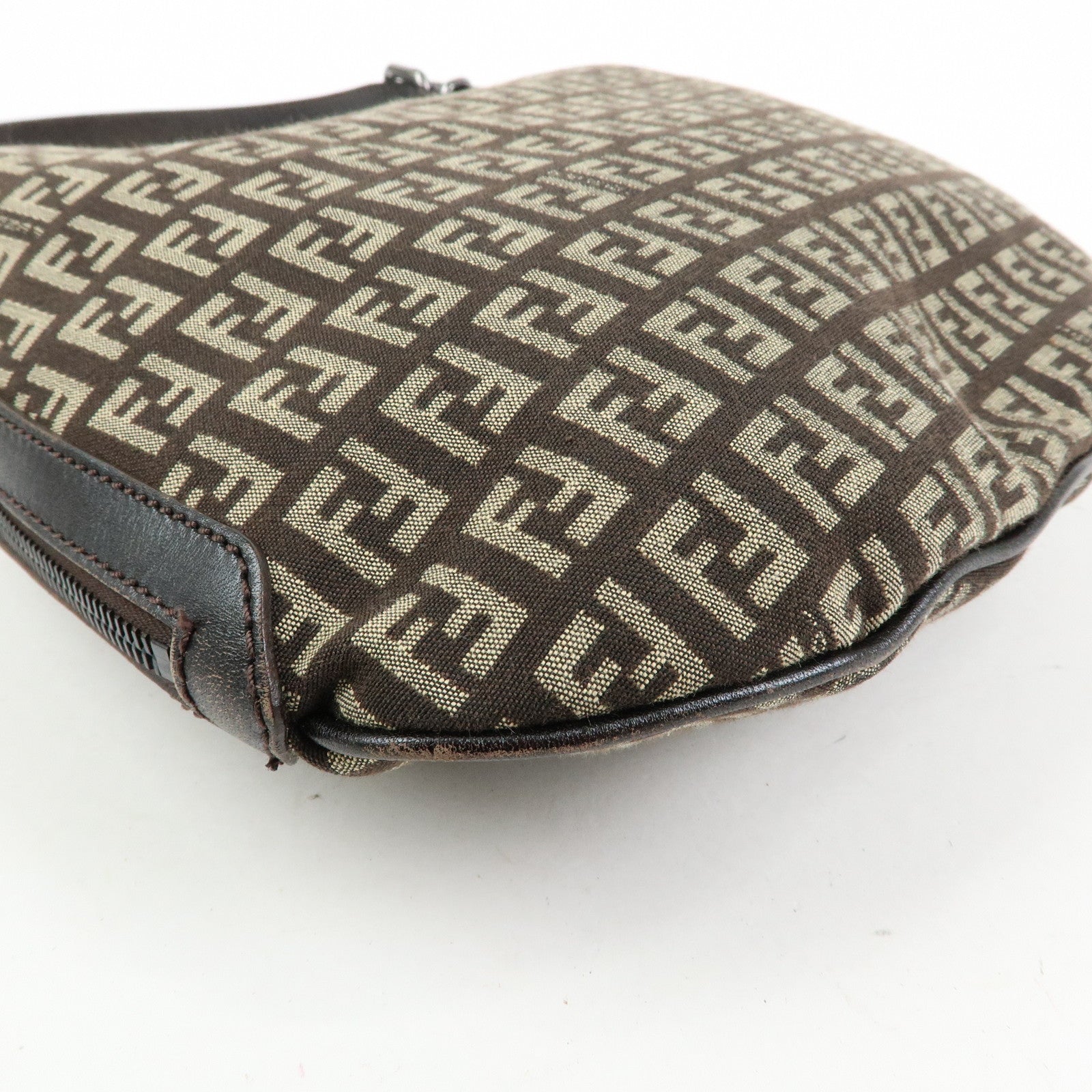 FENDI Zucchino Canvas Leather Shoulder Bag Dark Brown 8BR228