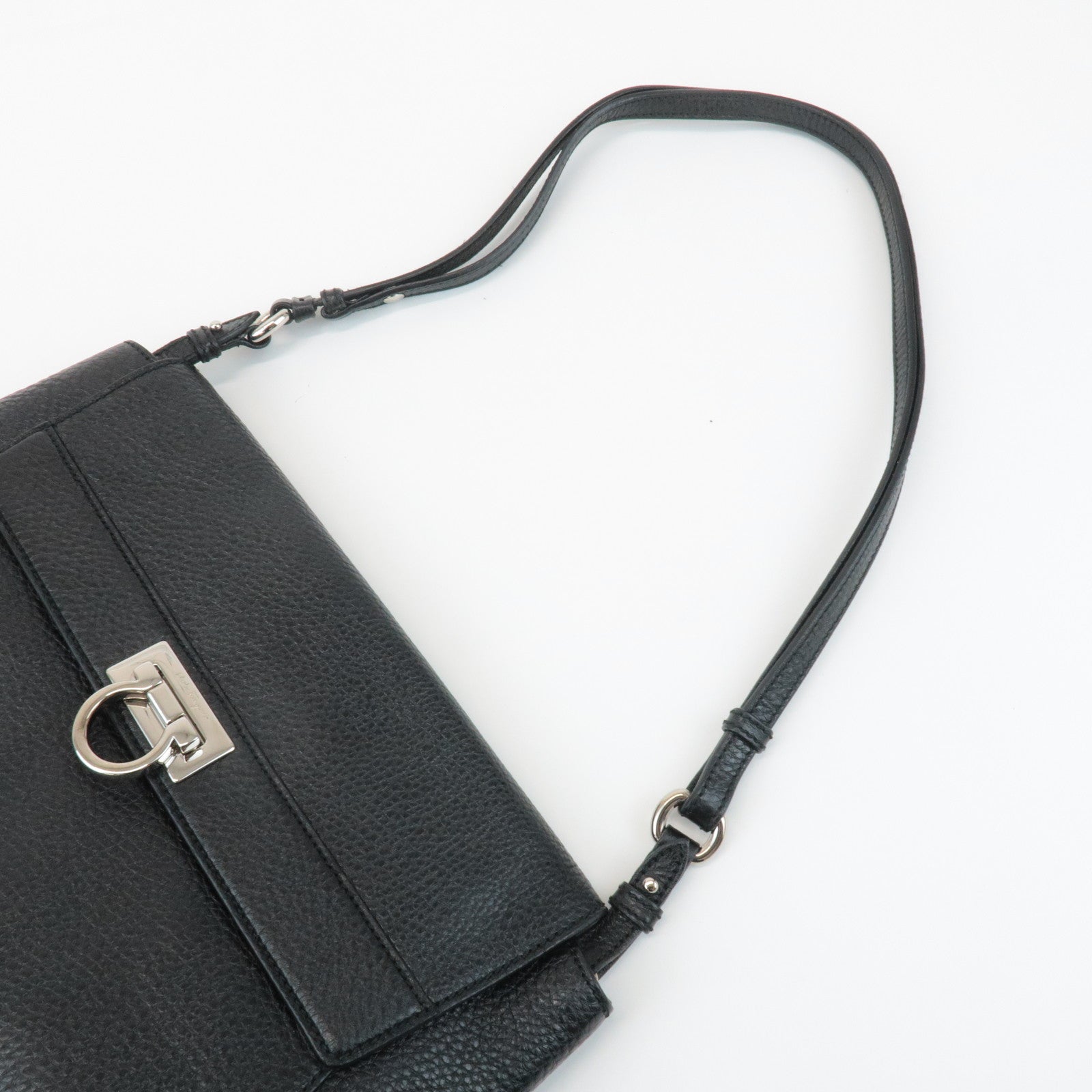 Ferragamo Gancini Leather 3Way Shoulder Bag Hand Bag Black Silver HDW Used