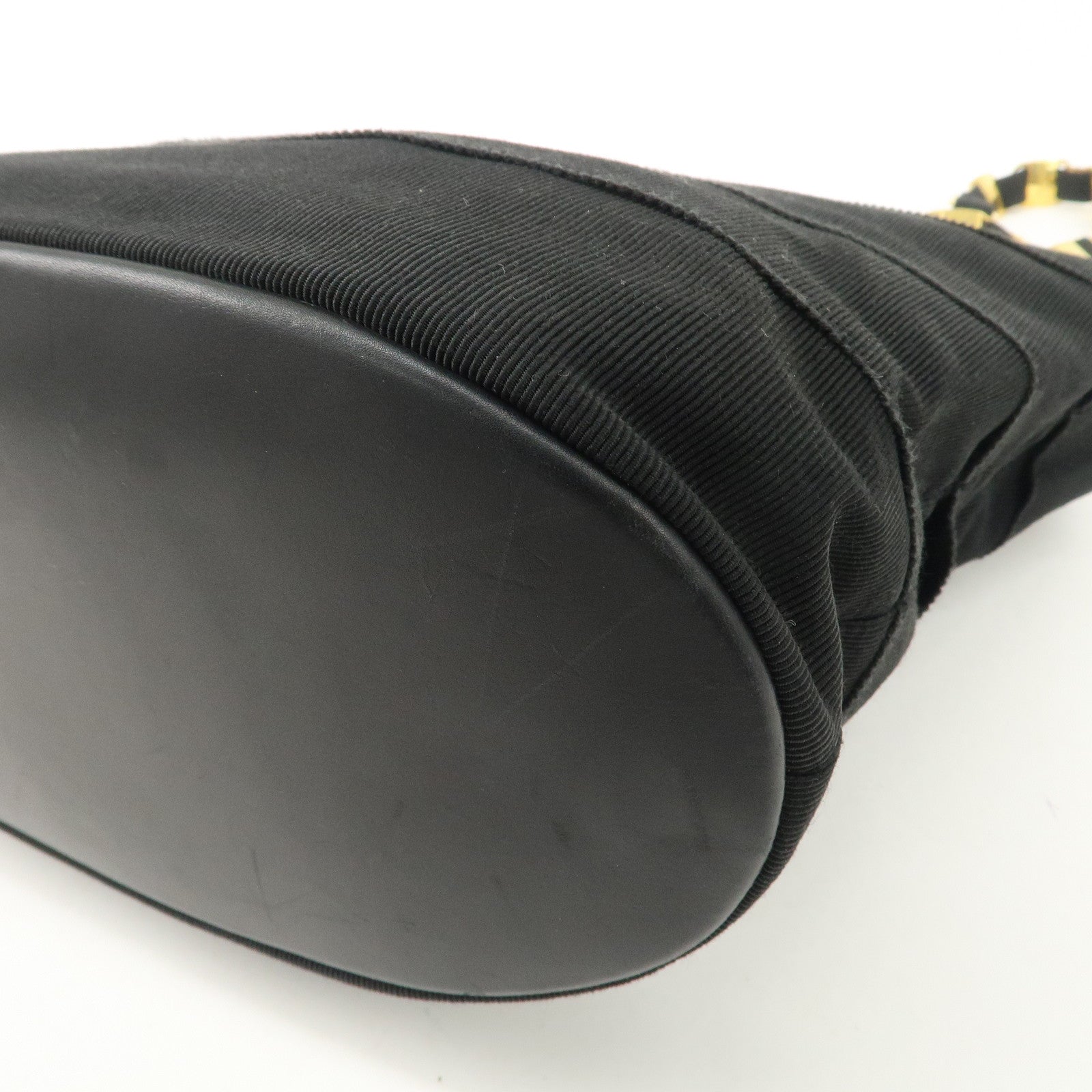 Ferragamo Leather Canvas Chain Tote Bag Hand Bag Black Gold Hardware Used