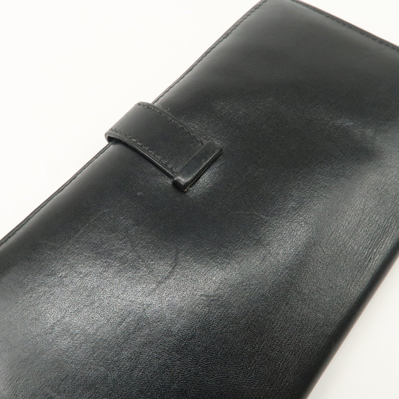 HERMES Bearn Leather Long Wallet H Stamped Black Gold HDW Used