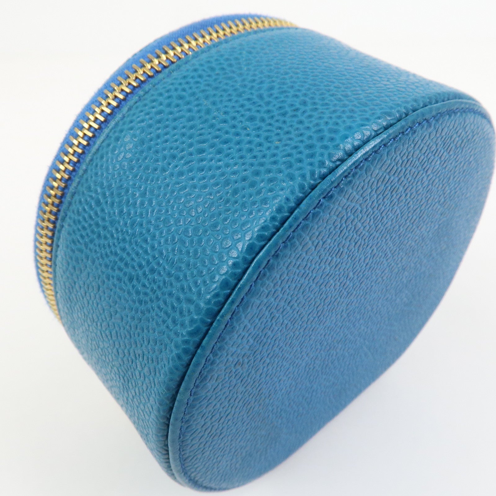 CHANEL COCO Mark Caviarskin Round Cosmetic Pouch Blue Gold
