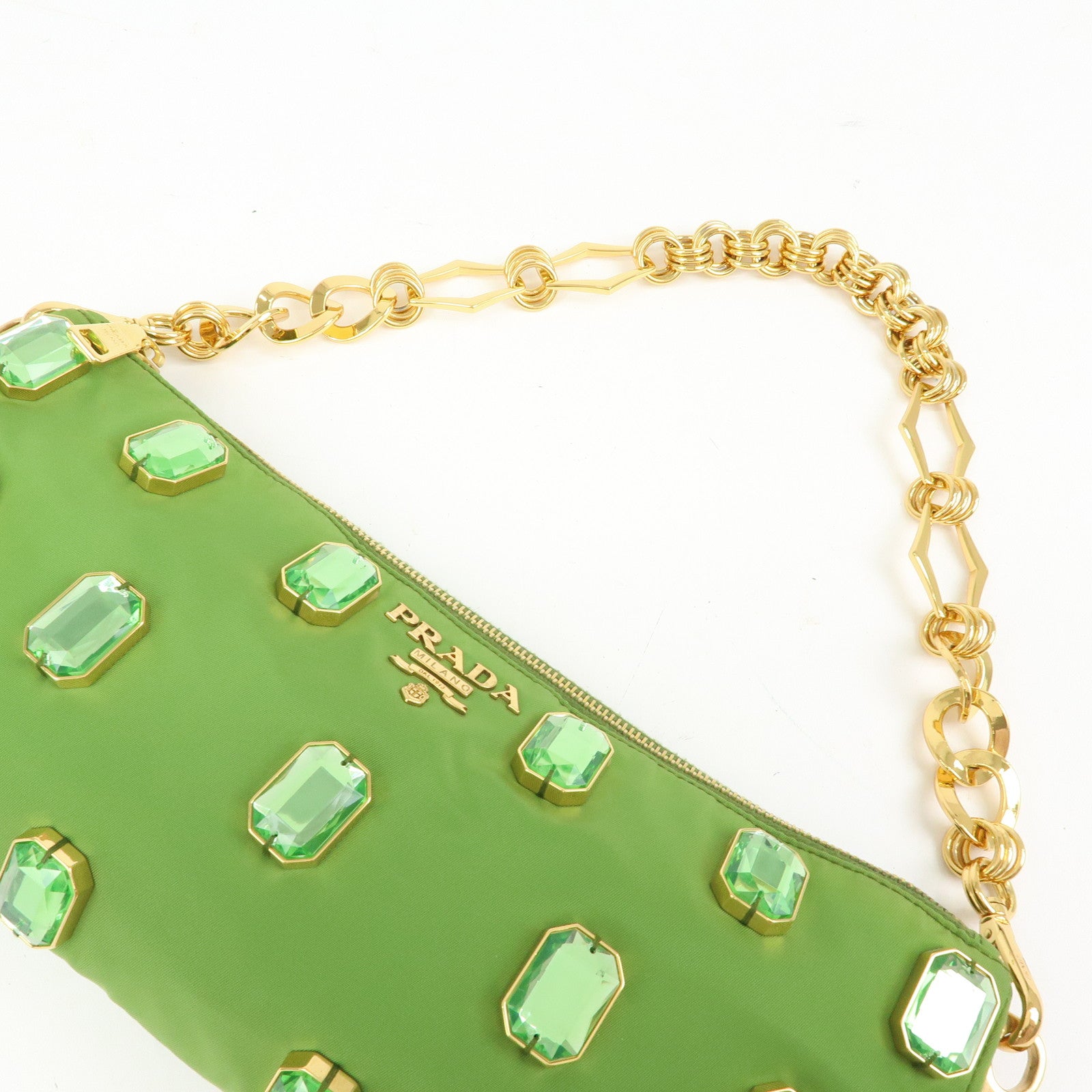 PRADA Bijou Nylon Stone Chain Shoulder Bag Clutch Bag Green