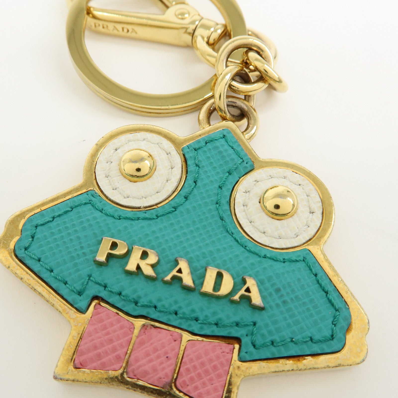 PRADA Saffiano Leather Metal Bag Charm Key Chain Green Pink Gold