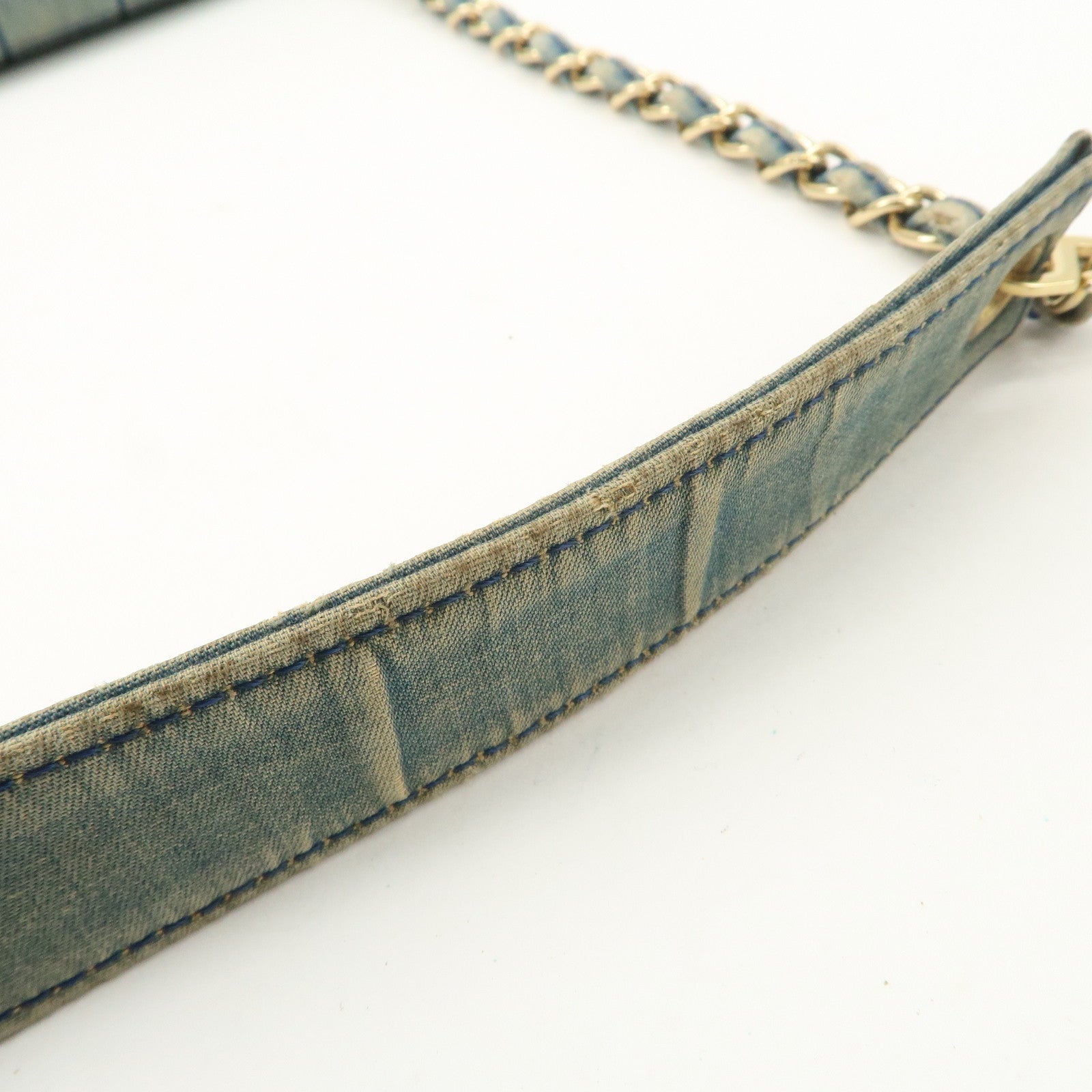 CHANEL COCO Mark Wide Stitch Chocolate Bar Chain Shoulder Bag Blue Gold Used