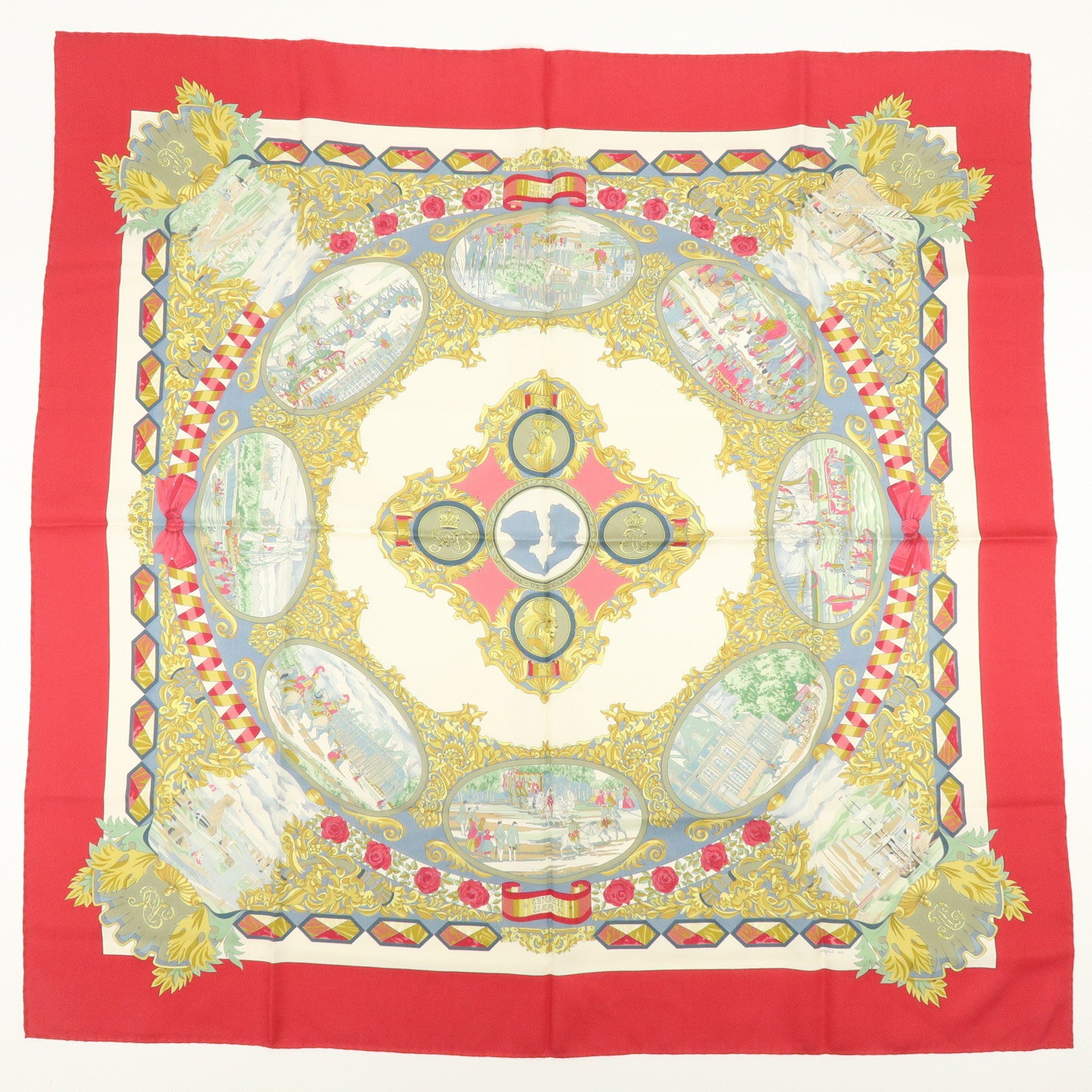 HERMES Carre 90 Silk 100% Scarf L'ENTENTE CORDIALE Red Ivory