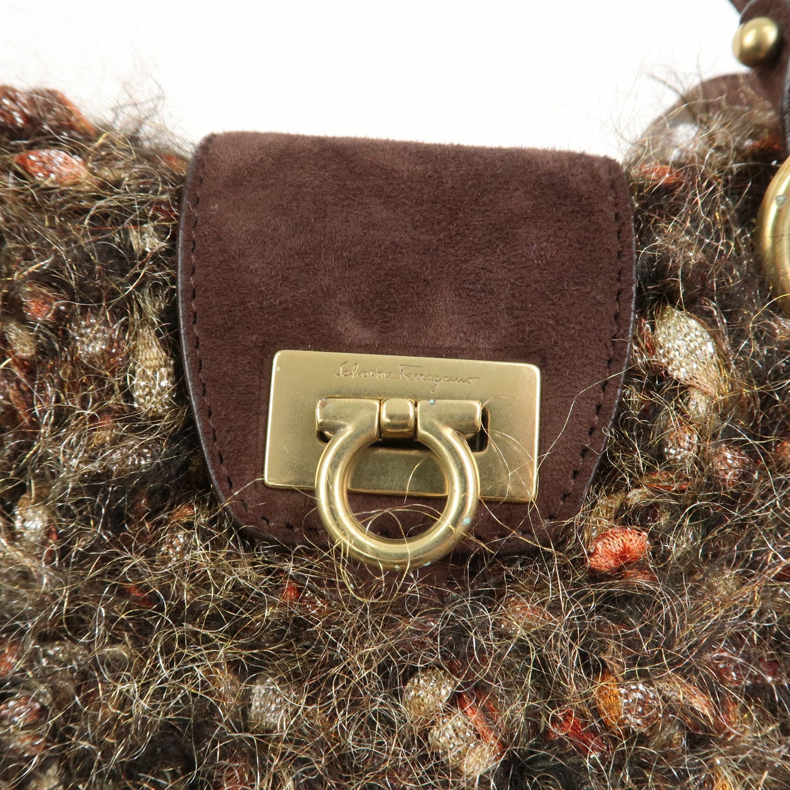 Ferragamo Gancini Wool Suede 2Way Bag Hand Bag Shoulder Bag Brown