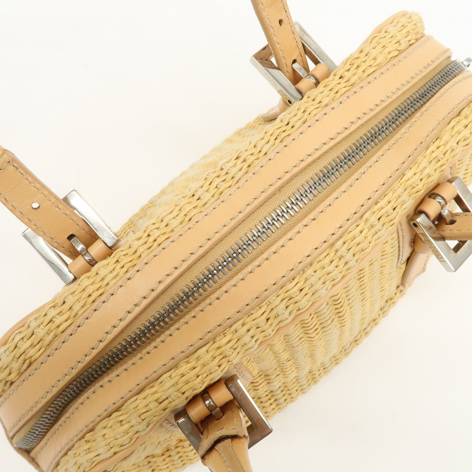 FENDI Raffia Leather Small Boston Hand Shoulder Bag Natural 8BN004