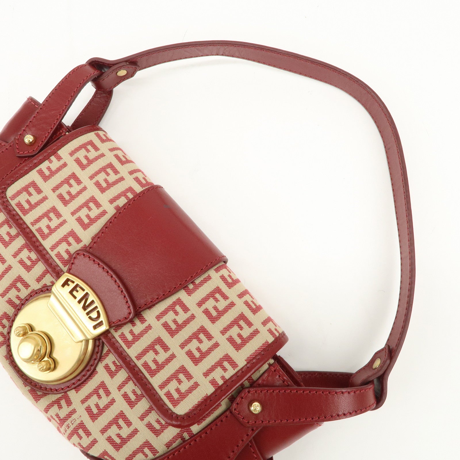FENDI Zucchino Canvas Leather Turn Lock Shoulder Bag Red 8BR429