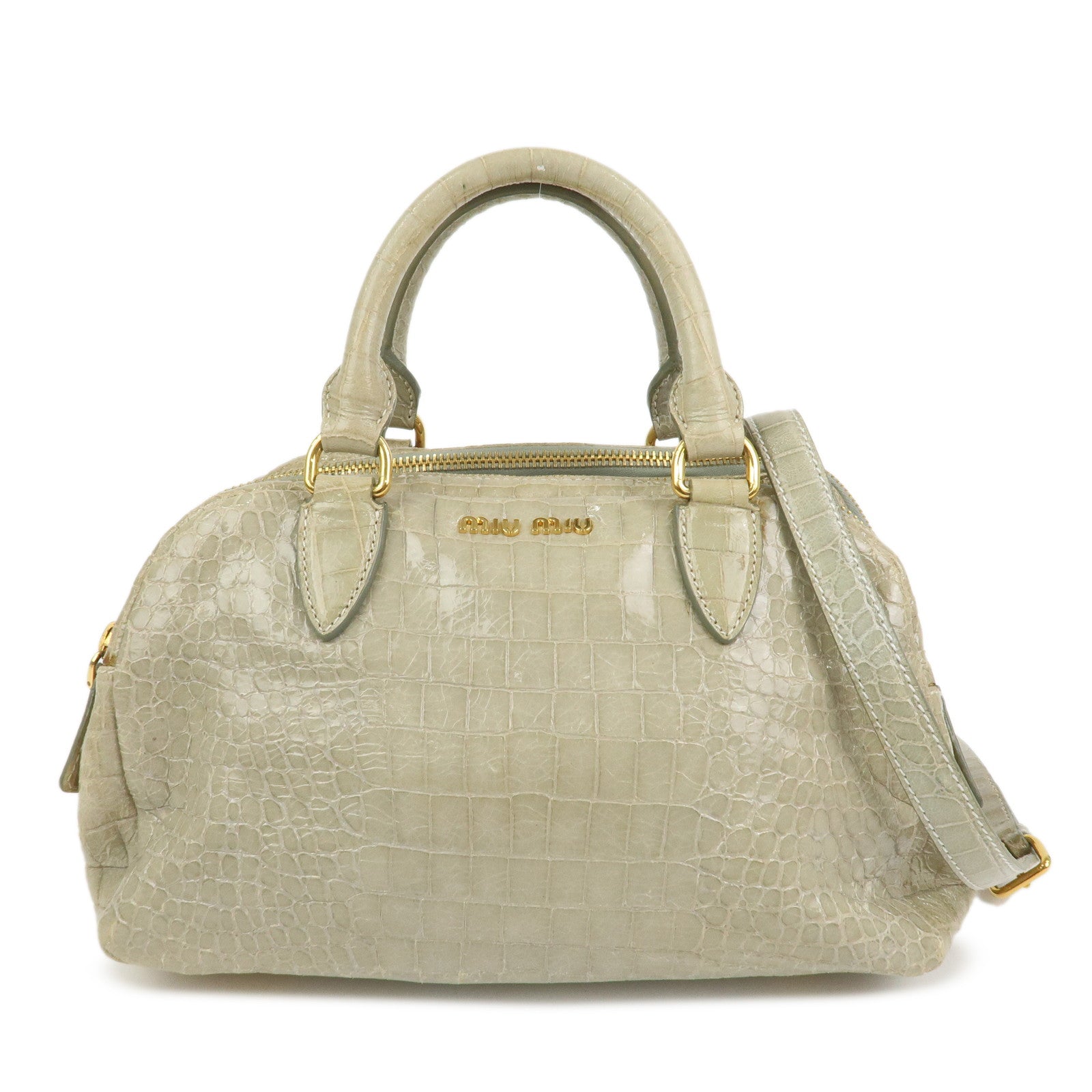MIU MIU Logo Embossed Leather 2Way Bag Hand Bag Shoulder Bag Beige