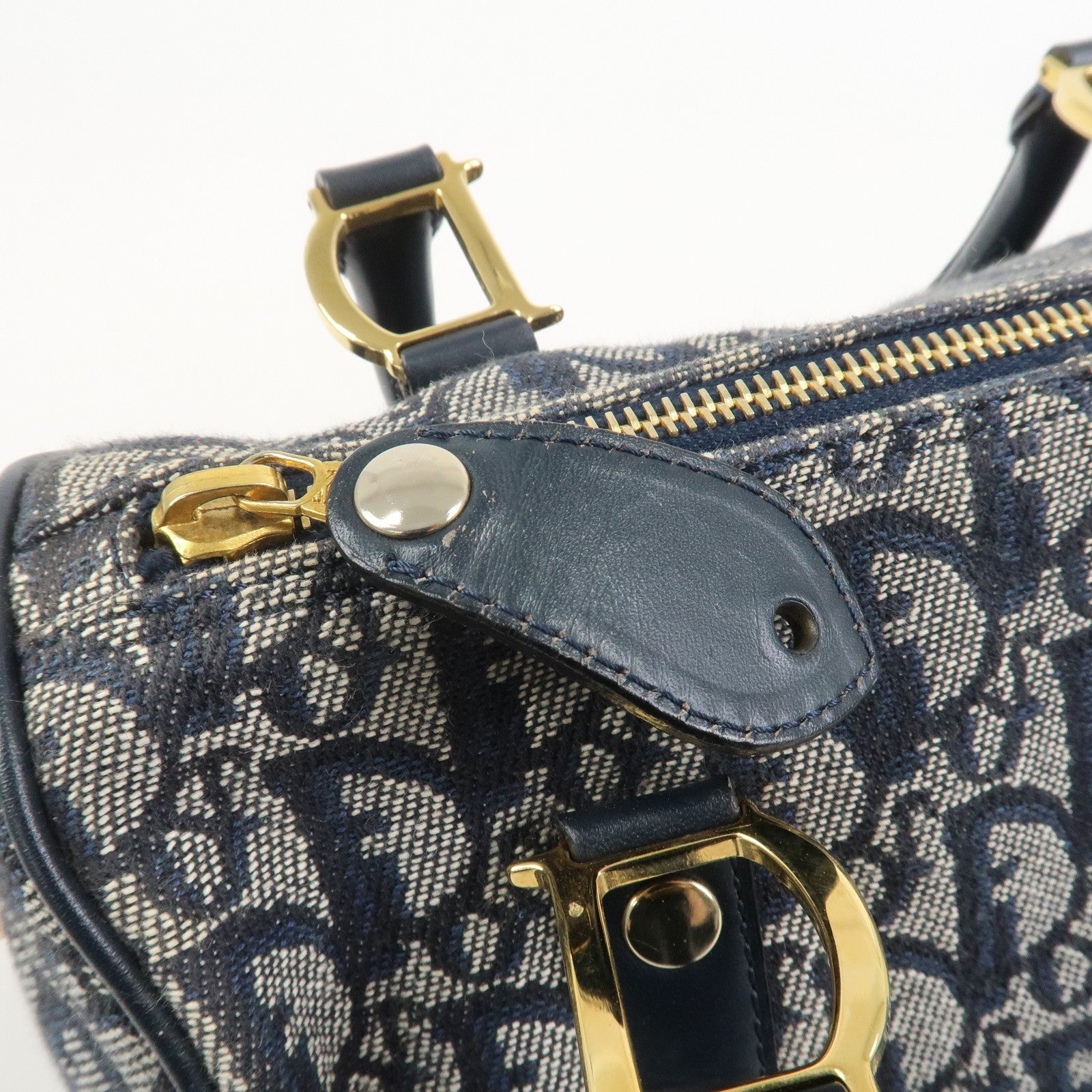 Christian Dior Trotter Jacquard Canvas Leather Boston Bag Navy