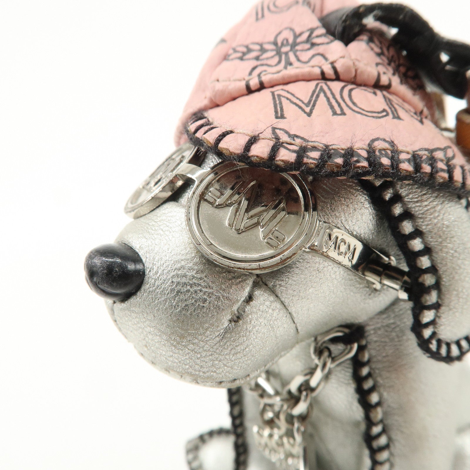 MCM Dog Motif Leather Bag Charm Key Chain Silver Pink