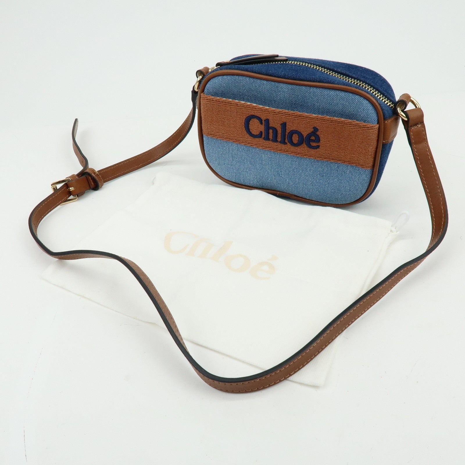 Chloe Denim Leather Canvas Shoulder Bag Crossbody Bag Brown Blue