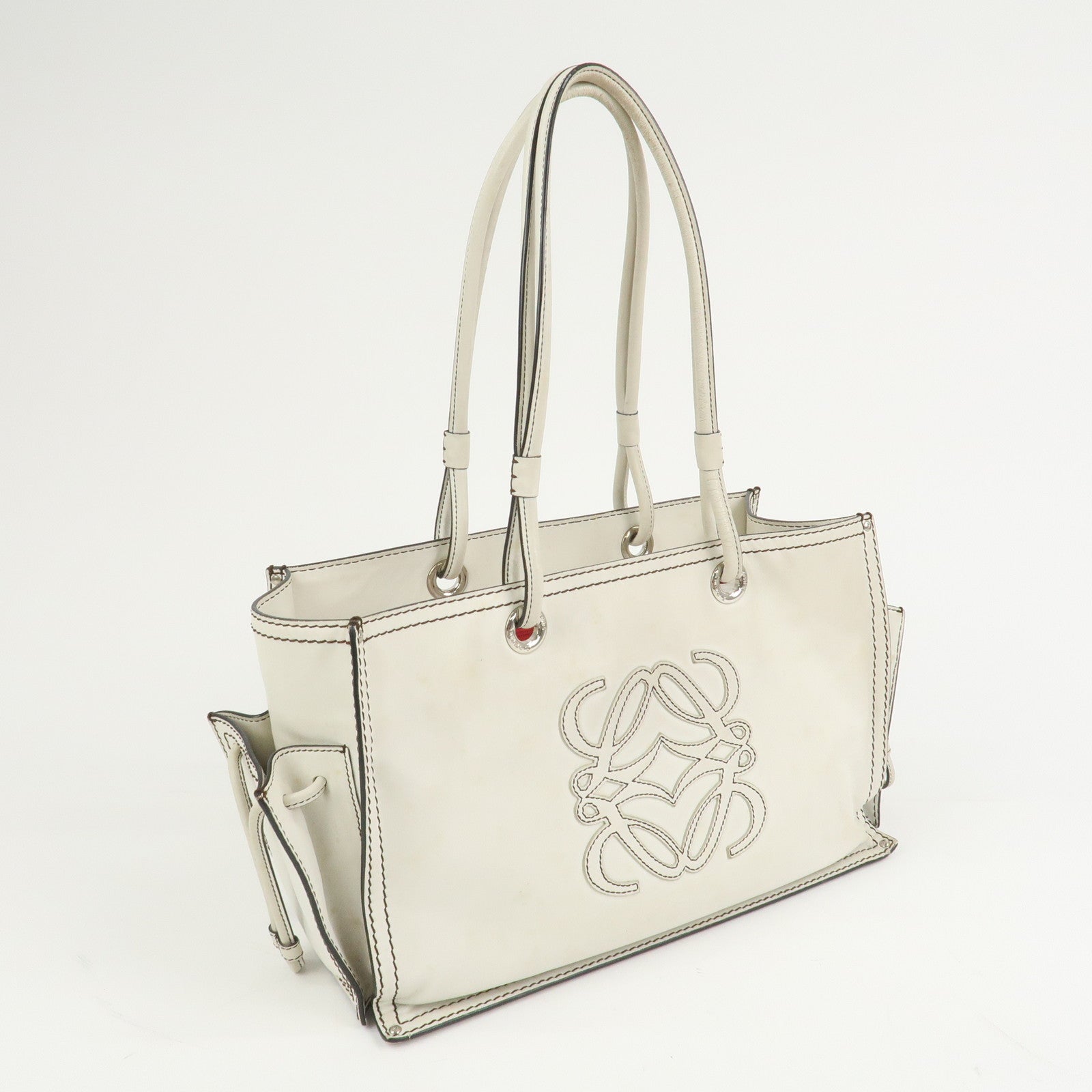 LOEWE Anagram Leather Shopper Tote Bag Shoulder Bag Hand Bag Ivory