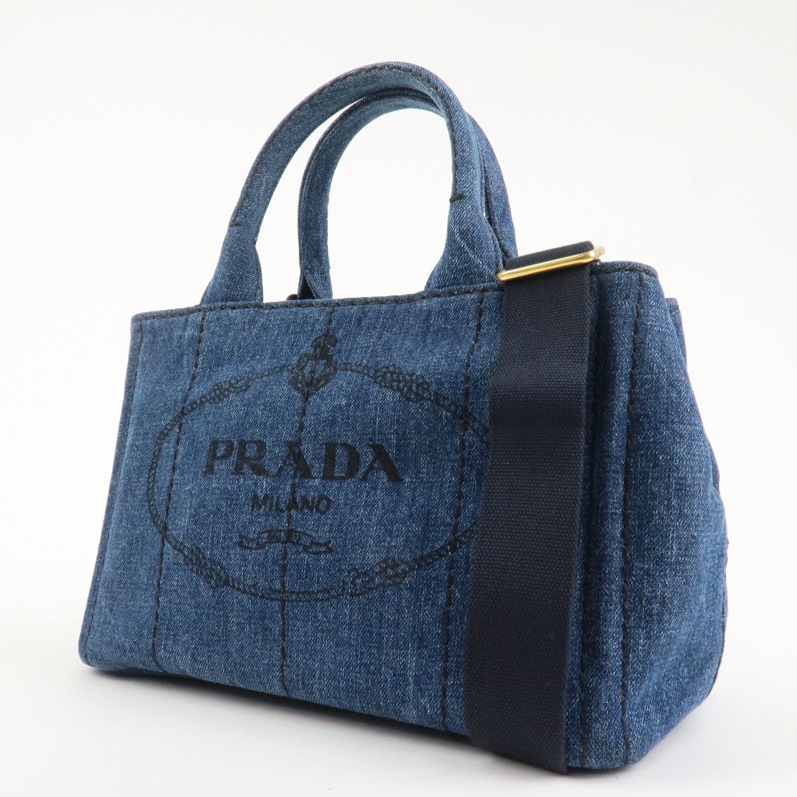 PRADA Canapa Denim 2Way Bag Hand Bag Shoulder Bag Navy B2642B Used