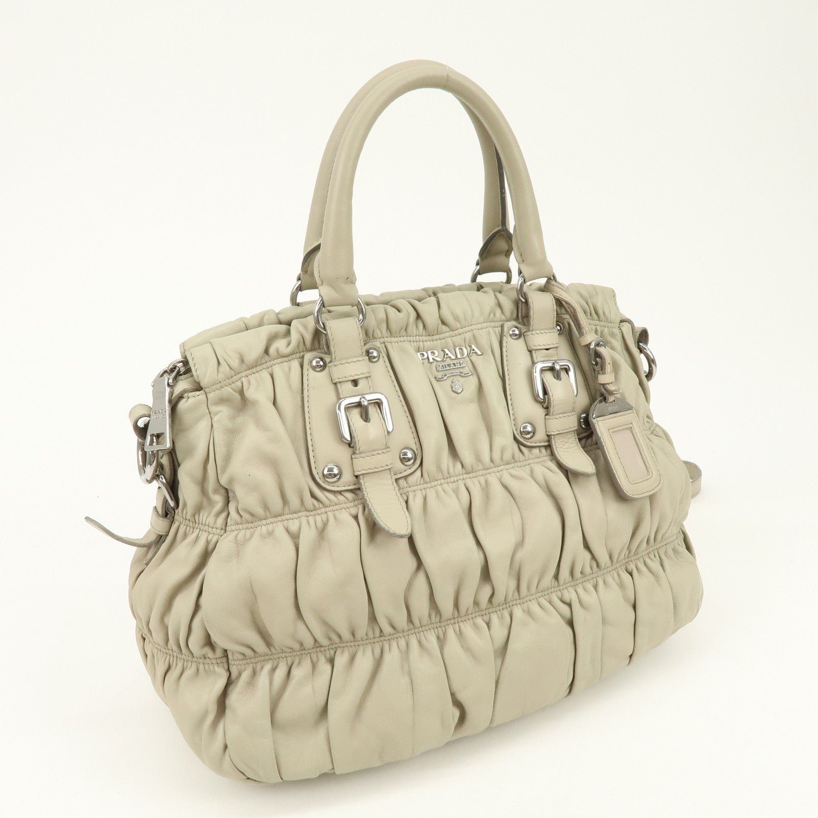 PRADA Leather 2Way Bag Hand Bag Shoulder Bag Beige