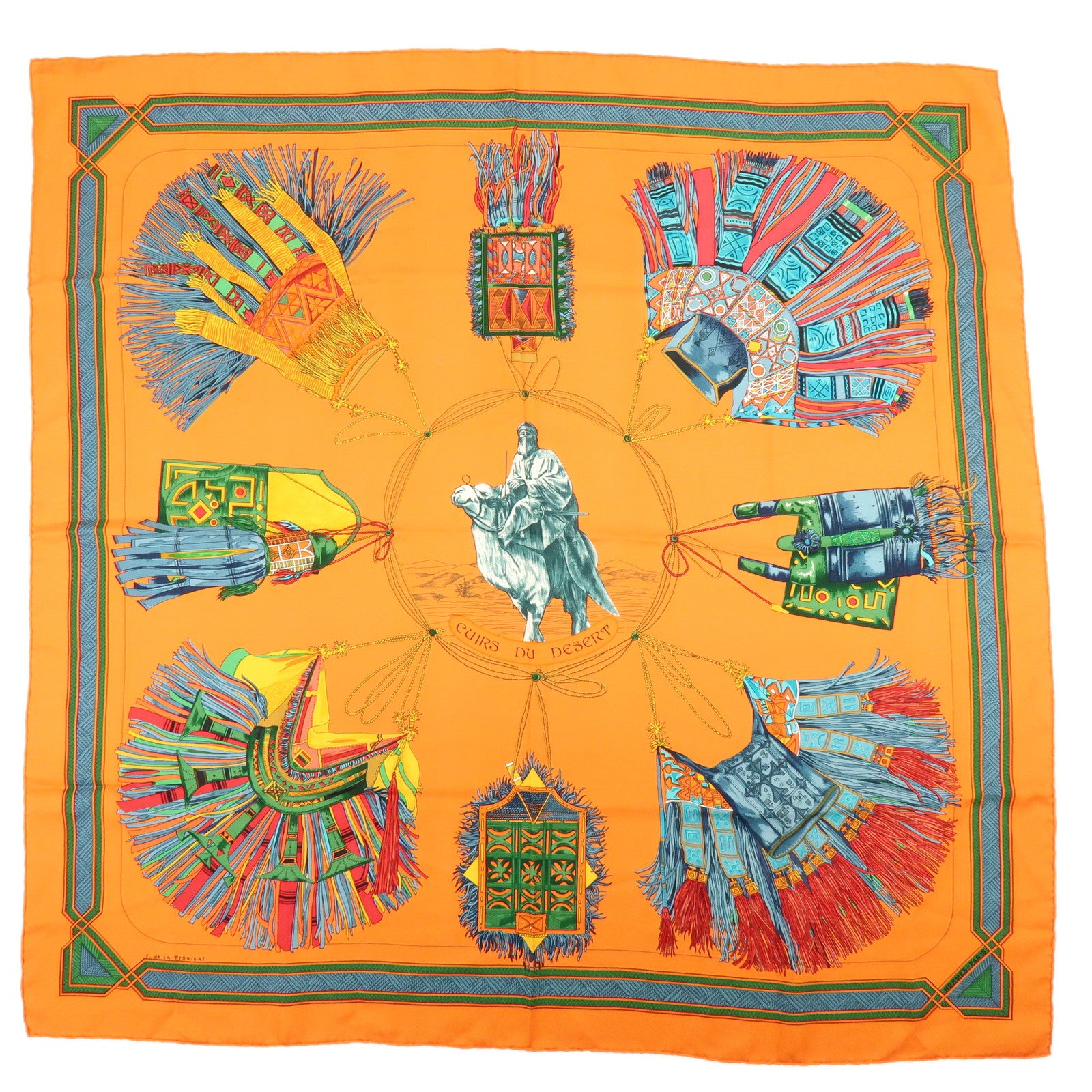HERMES Carre 90 Silk 100% CUIRS DU DESERT Scarf Orange