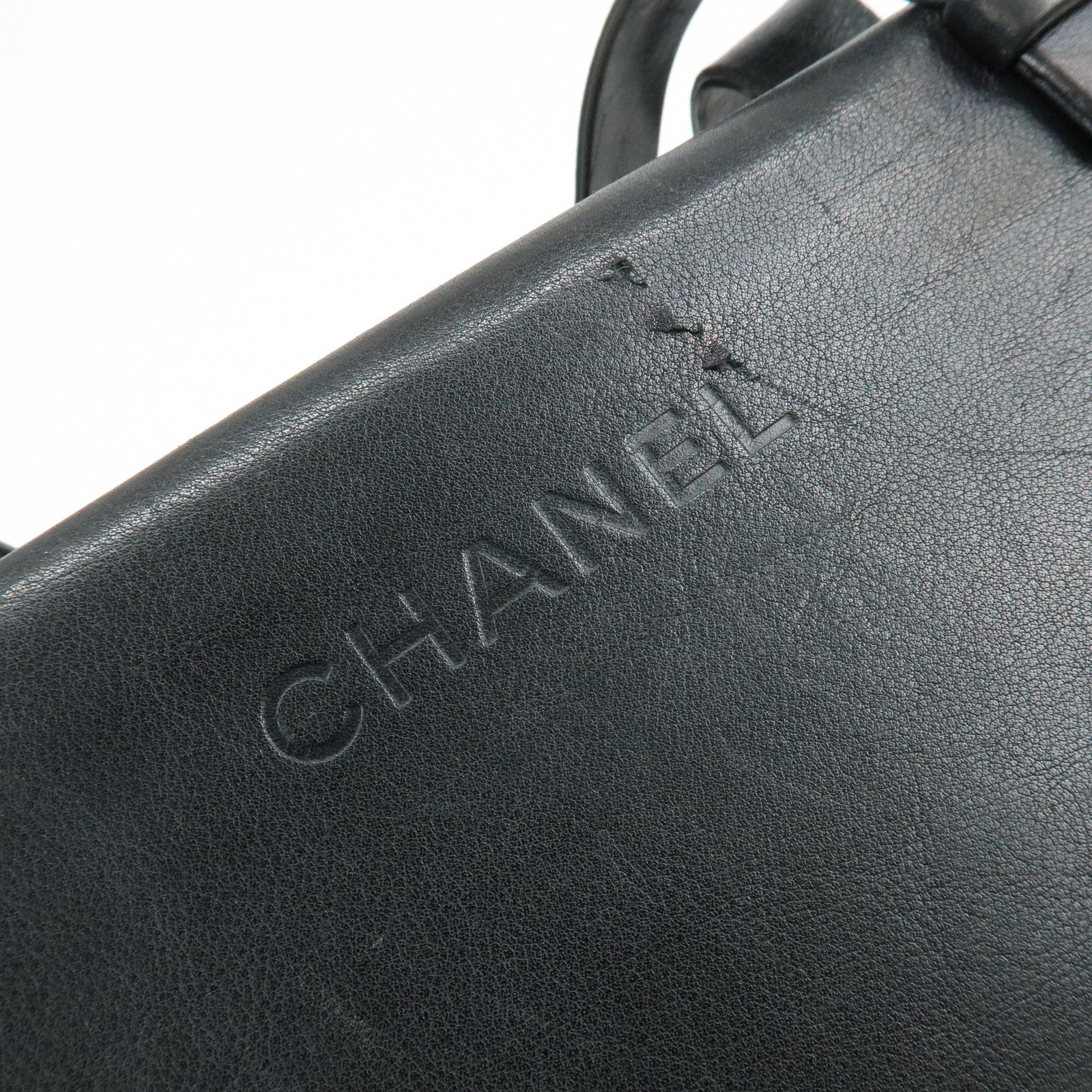 CHANEL Logo Calf Skin Tote Bag Shoulder Bag Hand Bag Black
