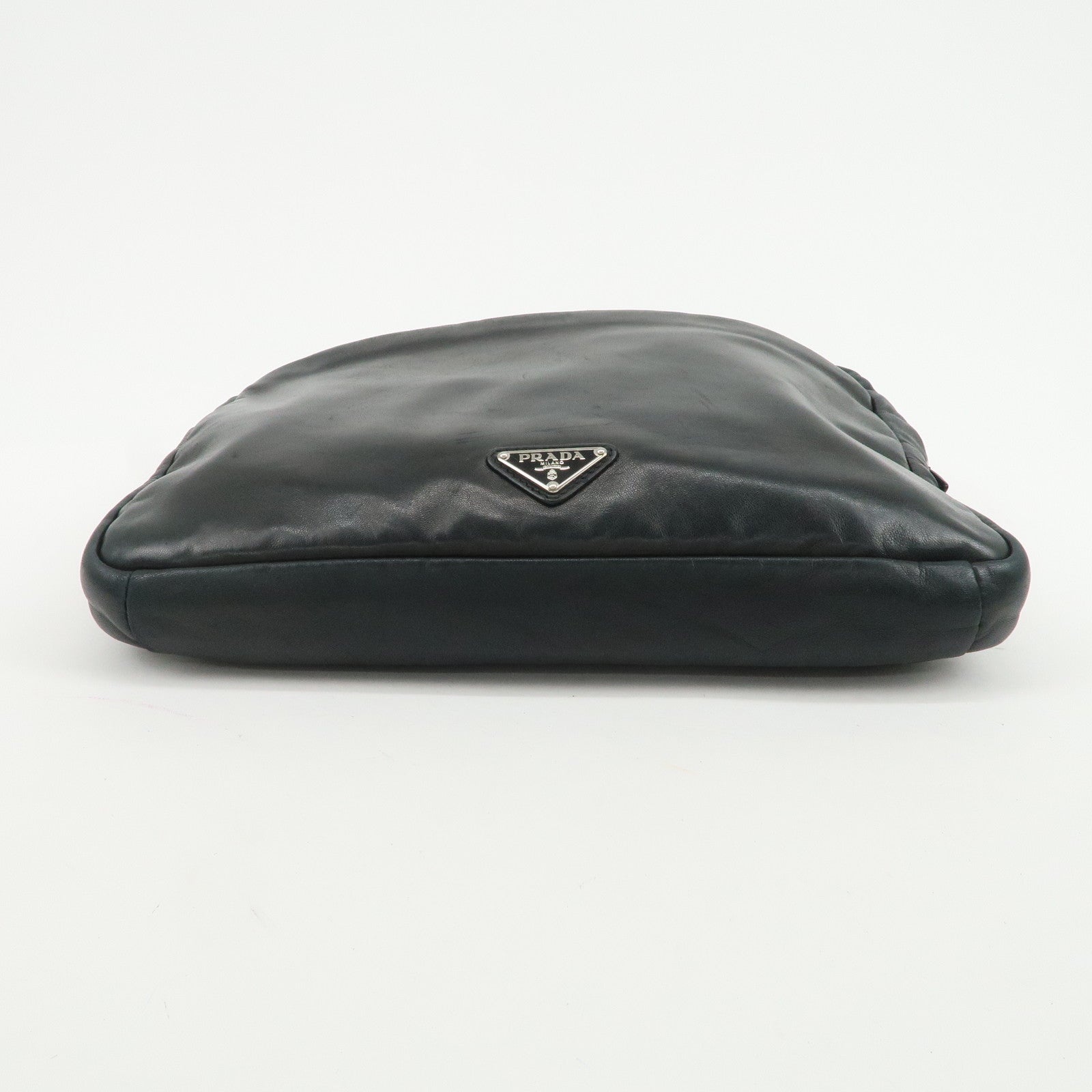 PRADA Triangle Logo Lamb Skin Canvas Shoulder Crossbody Bag Black