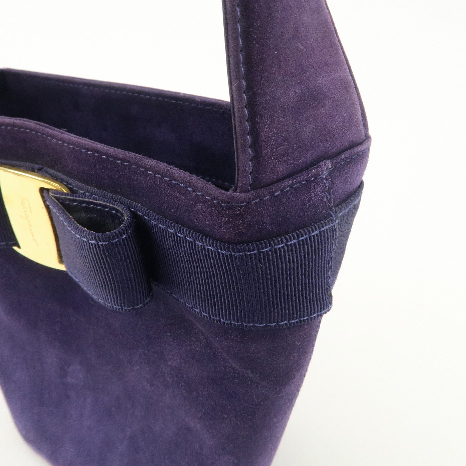Ferragamo Vara Ribon Suede Hand Bag Purple Gold Hardware Used