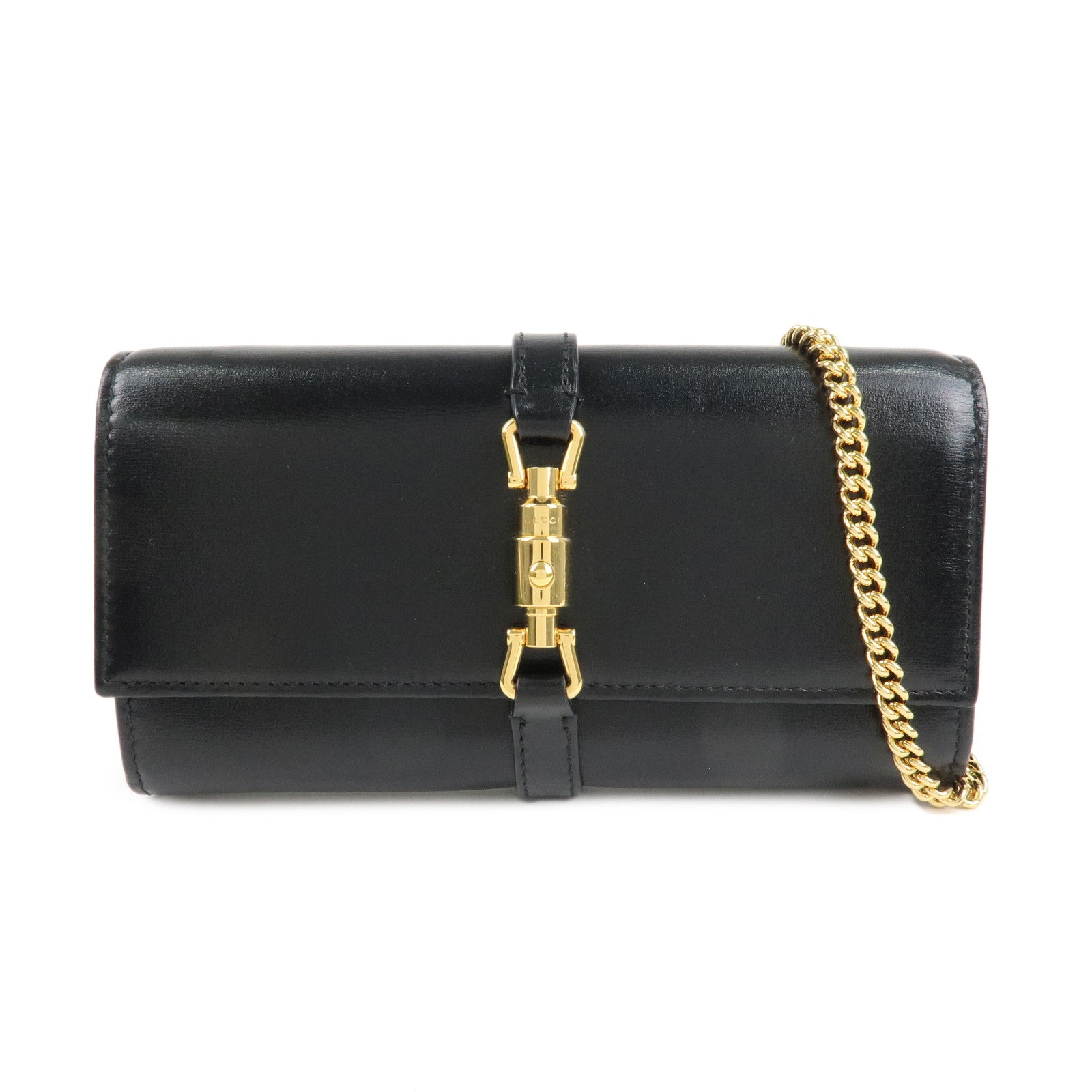 GUCCI Jackie 1961 Leather Chain Wallet WOC Black Gold 652681 Used