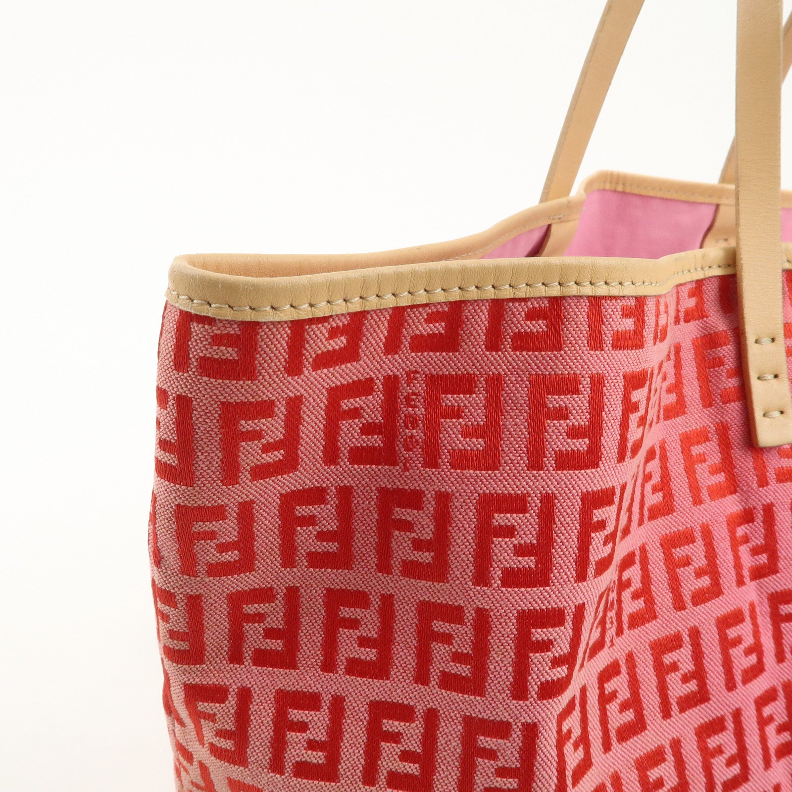 FENDI Zucchino Canvas Leather Tote Bag Shoulder Bag Red Pink 8BH005