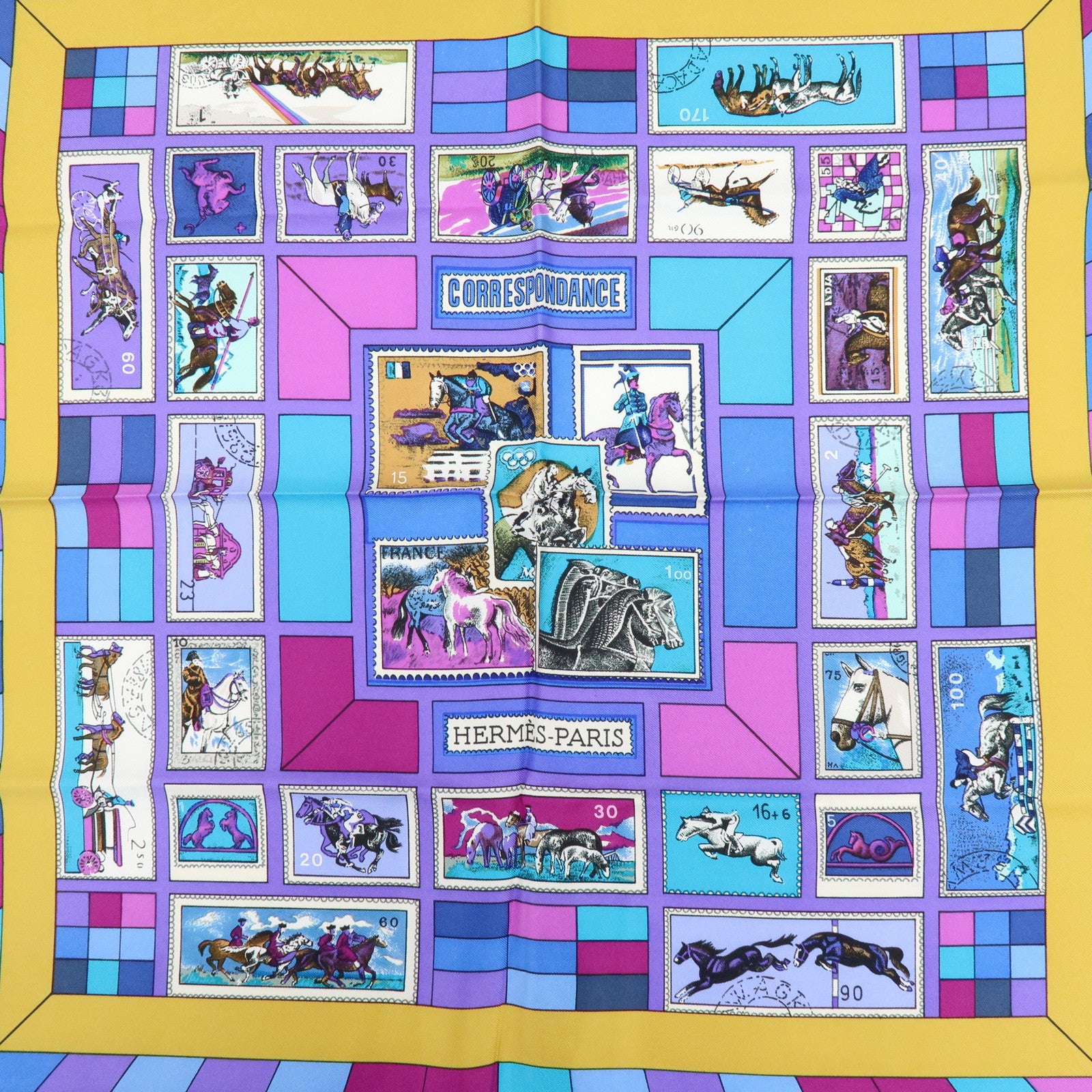 HERMES Carre 90 Silk 100% Scarf CORRESPONDANCE Mustard Purple